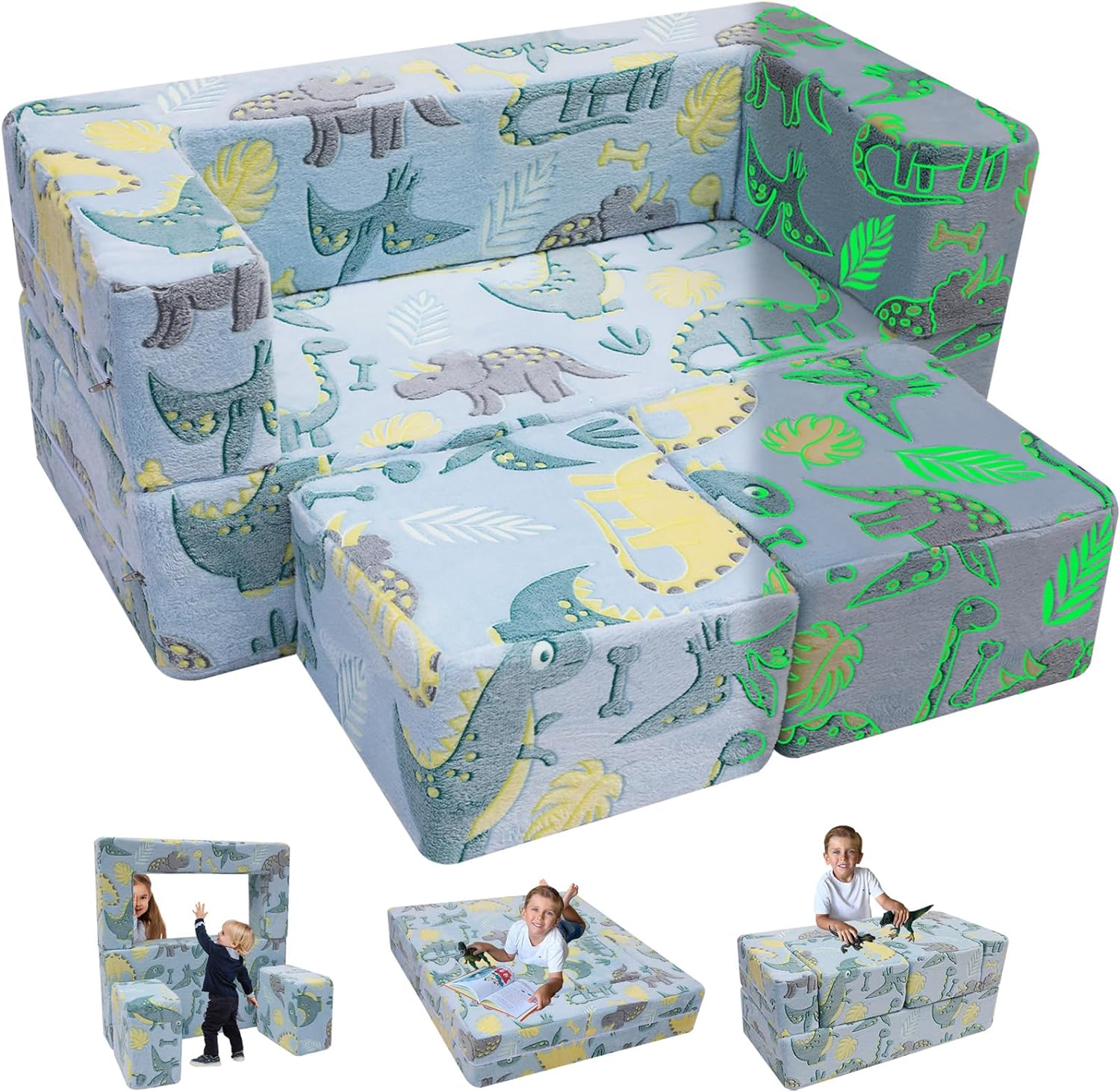 MeMoreCool Modular Kids Sofa,Toddler Play Couch Fold Out for Playroom, Dinosaur Glow in Dark Convertible Plush Foam Chair for Childrens