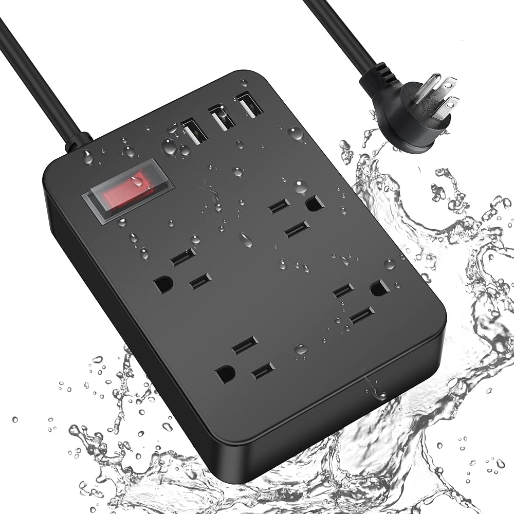 Outdoor Power Strip Weatherproof,Waterproof Surge Protector with 4 Outlets,3 USB,Shockproof Overload Protection, Multi Outlet Extension for Camping, Garden, Kitchen, Bathroom, 6ft Cord,with Flat Plug