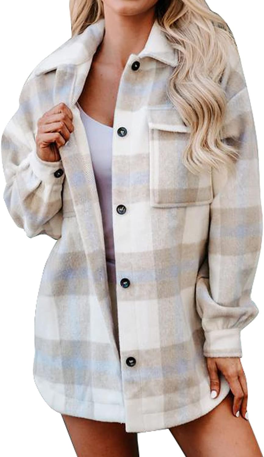 BTFBM Women' Long Sleeve Button Down Jackets Plaid Flannel Shirts Tops Casual Lapel V Neck Oversized Shackets Blouses Top