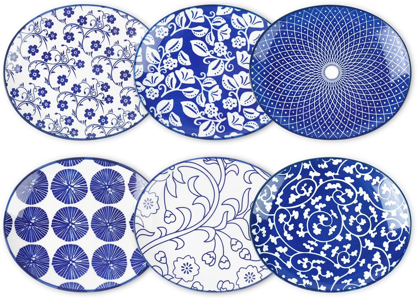 Selamica Small Dinner Plates, Oval Dessert Plates Ceramic, 6 Inch Small Plates for Appetizer, Cake, Snacks, Microwave Dishwasher Safe, Housewarming Gift, Set of 6, Vintage Blue