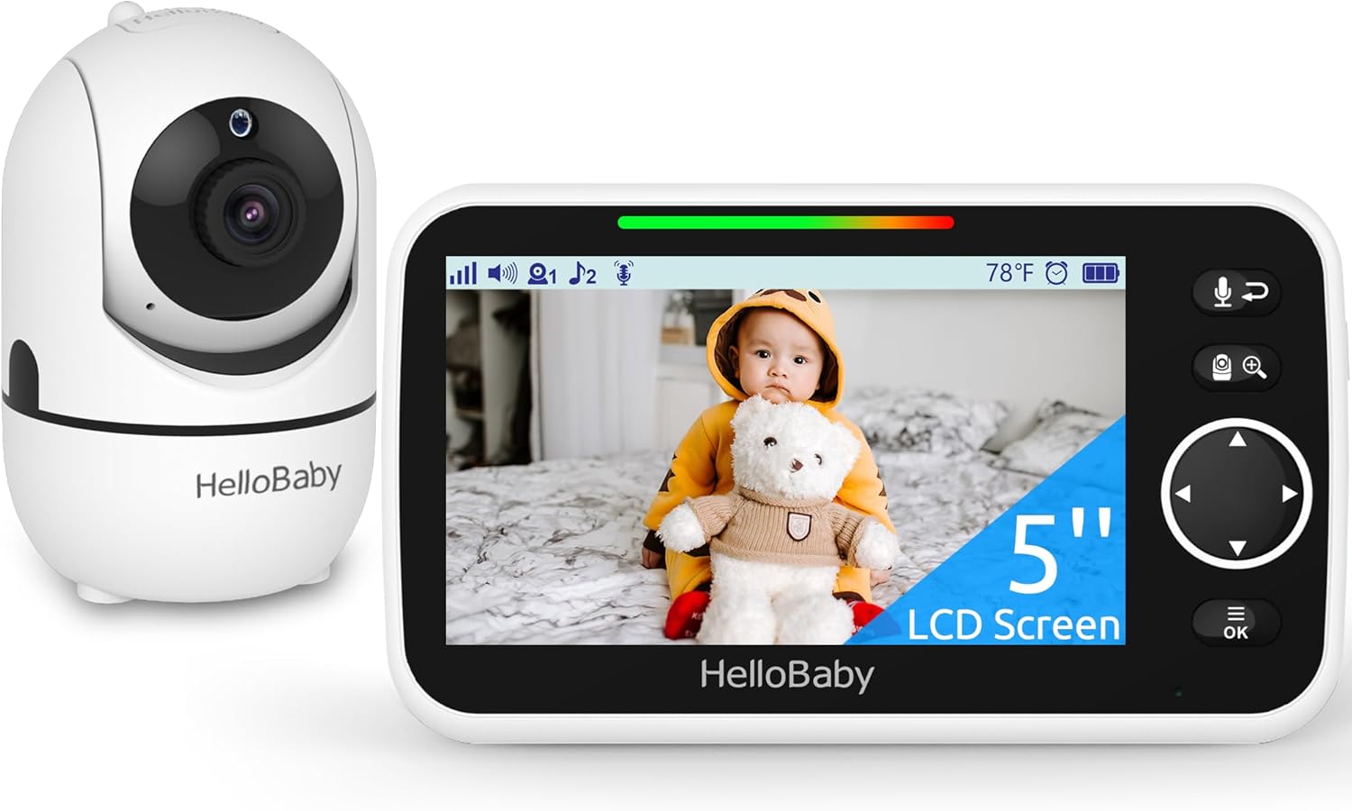 HelloBaby Baby Monitor, 5''Sreen with 30-Hour Battery, Pan-Tilt-Zoom Video Baby Monitor with Camera and Audio, No WiFi, 1000ft Range, ECO, 2-Way Talk, 8 Lullabies and Night Vision, Time & Alarm