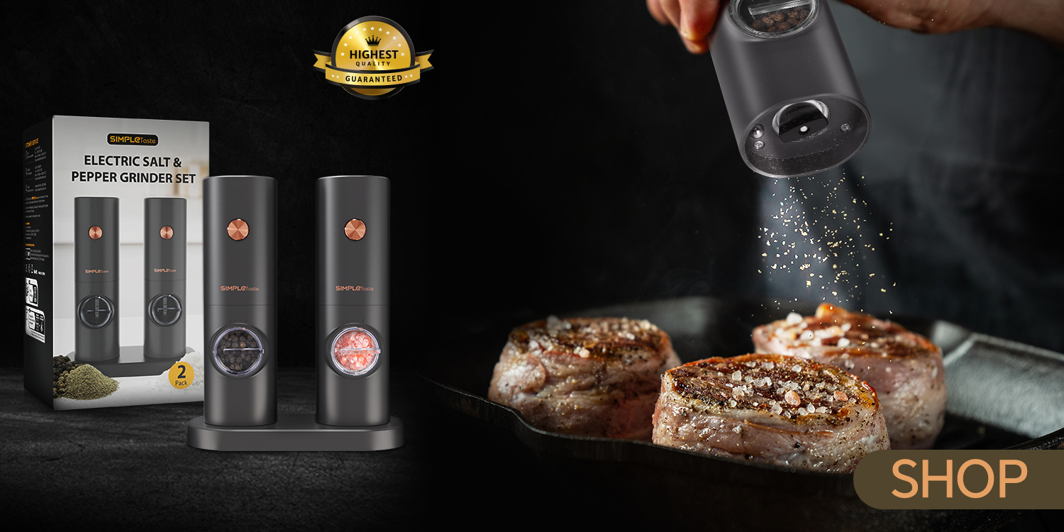 SIMPLETASTE Electric Salt and Pepper Grinder Set, Automatic One Handed,Stainless Grinders with Lights and Adjustable Coarseness,Battery Operated