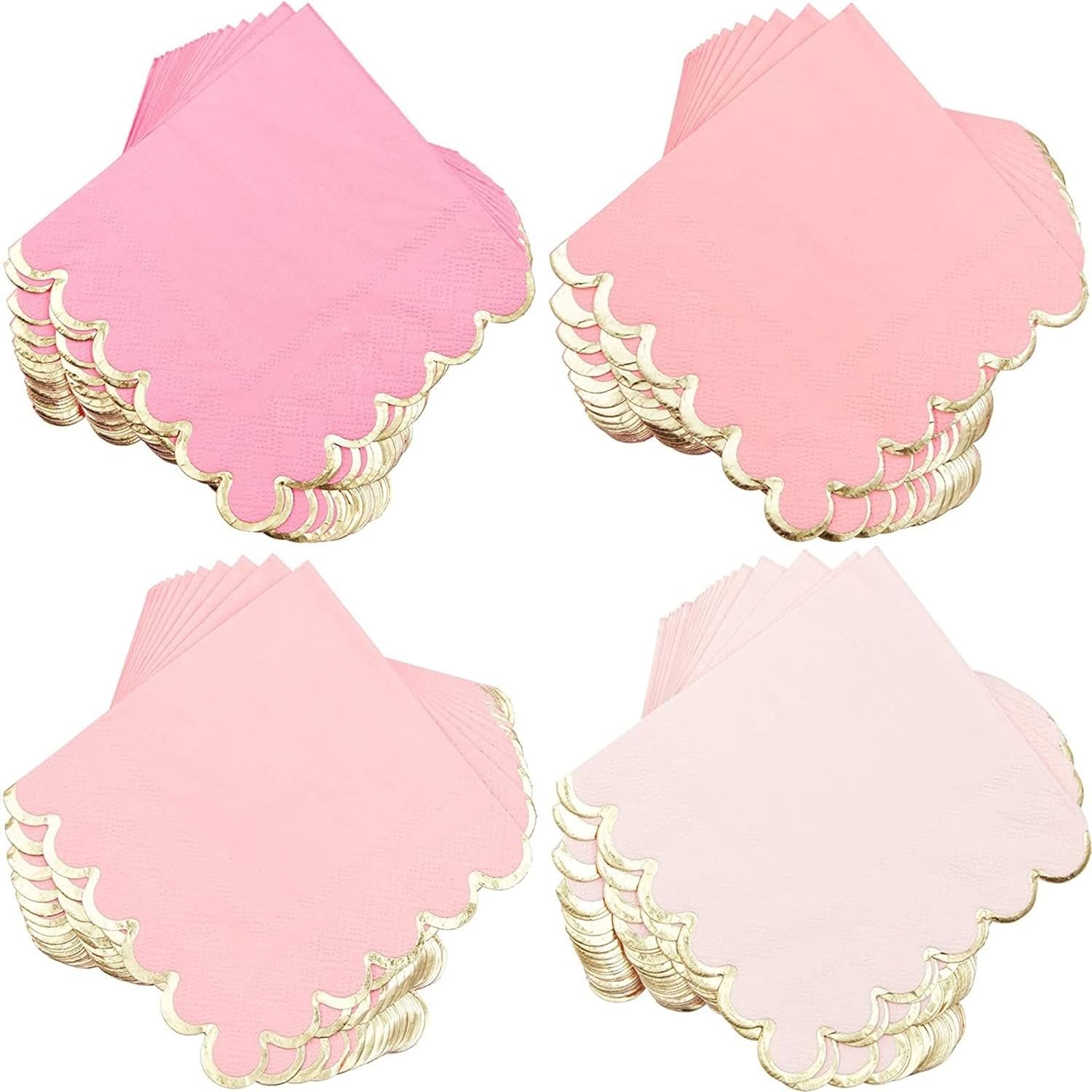 Sparkle and Bash 100 Pack Pink Scalloped Cocktail Napkins with Gold Foil Accents for Bridal and Baby Shower (3-Ply, 5 x 5 In)