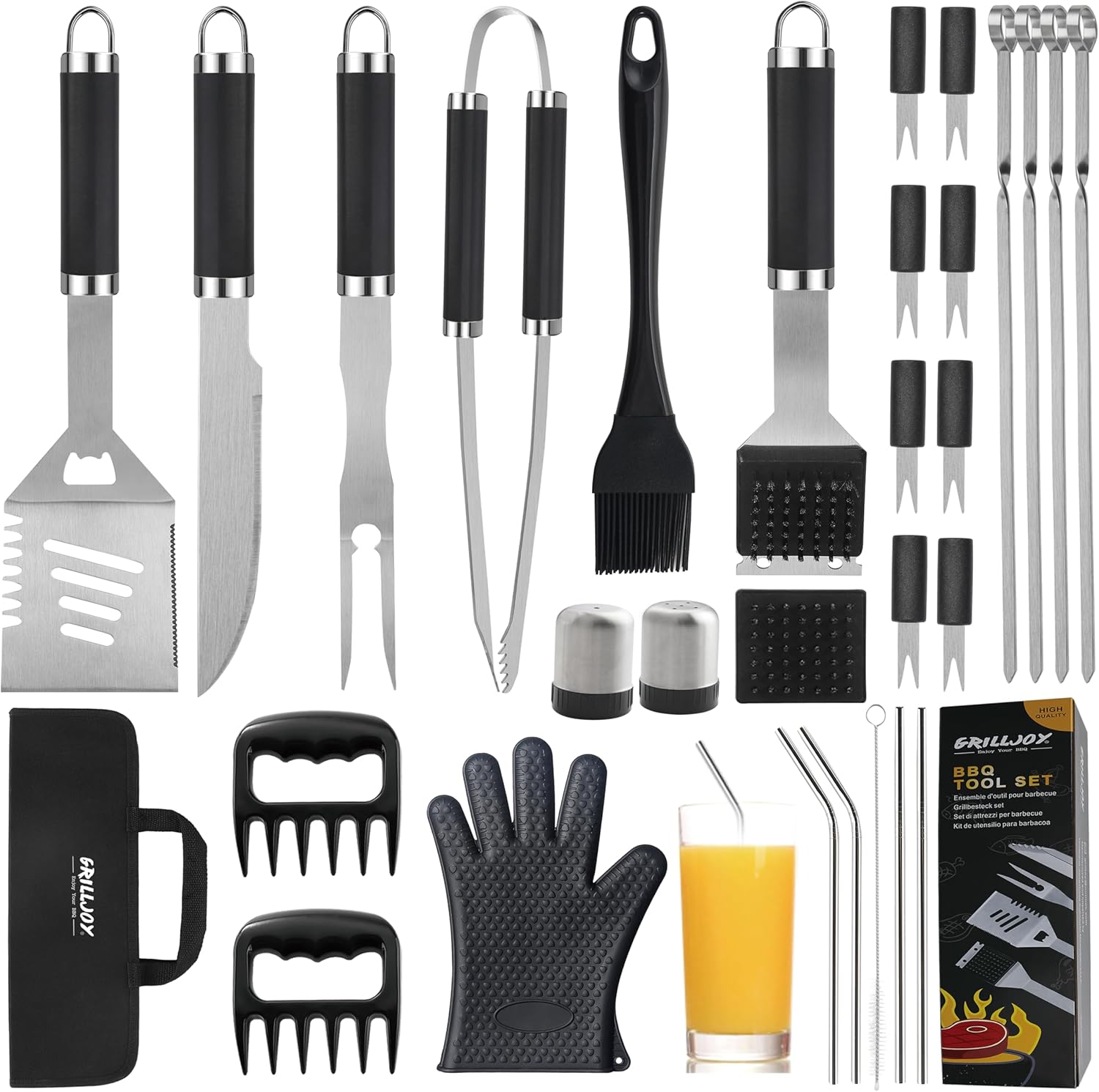 grilljoy 30PCS BBQ Grill Tools Set with Meat Claws - Extra Thick Steel Spatula, Fork& Tongs - Complete Grilling Accessories in Portable Bag - Perfect Grill Gifts for Men and Women