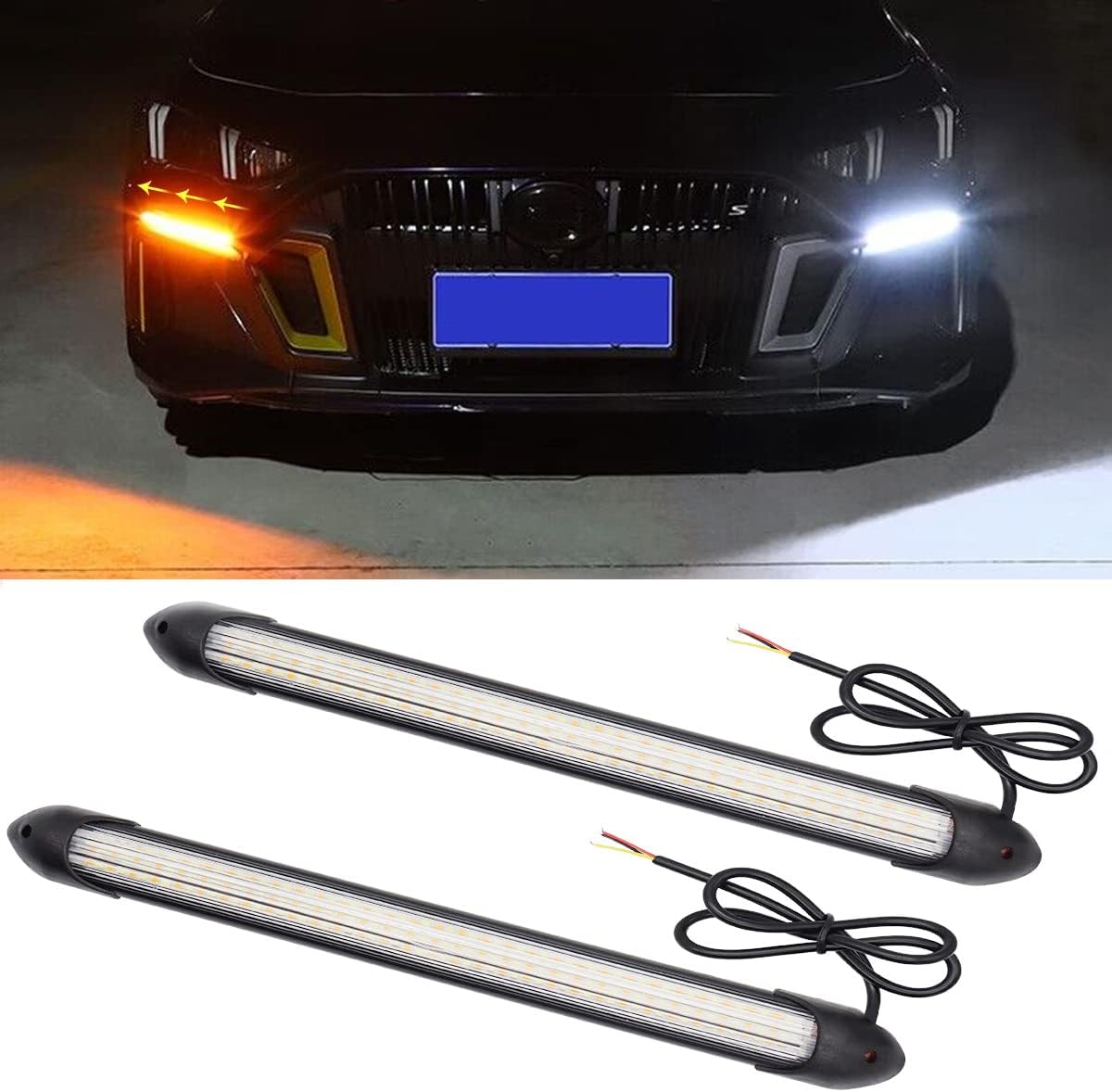 Exterior Car LED Lights, 2Pcs Flexible Daytime Running Light Strip Waterproof Auto Headlight Sequential White Turn Signal Yellow Led Light, 9.25 Inches