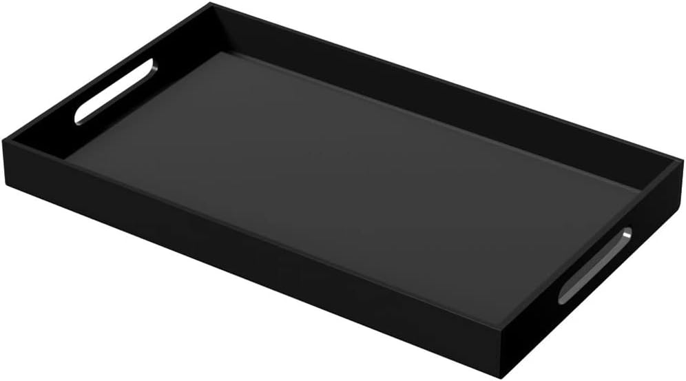 NIUBEE Acrylic Serving Tray 12x20 Inches -Spill Proof- Black Decorative Tray Organiser for Ottoman Coffee Table Countertop with Handles