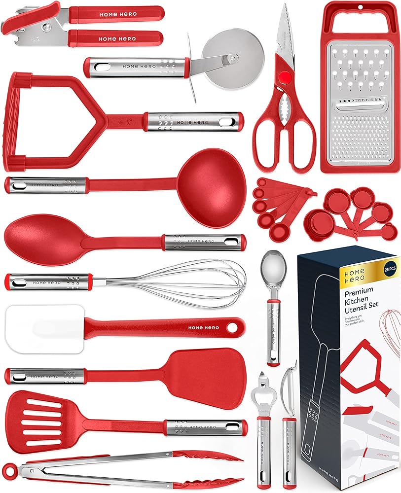 Home Hero 25 Pcs Silicone Spatula Kitchen Utensils Set - Stainless Steel & Nylon Cooking Utensils Set - BPA Free Spatulas Silicone Heat Resistant Kitchen Gadgets Kitchen Essentials (Red)