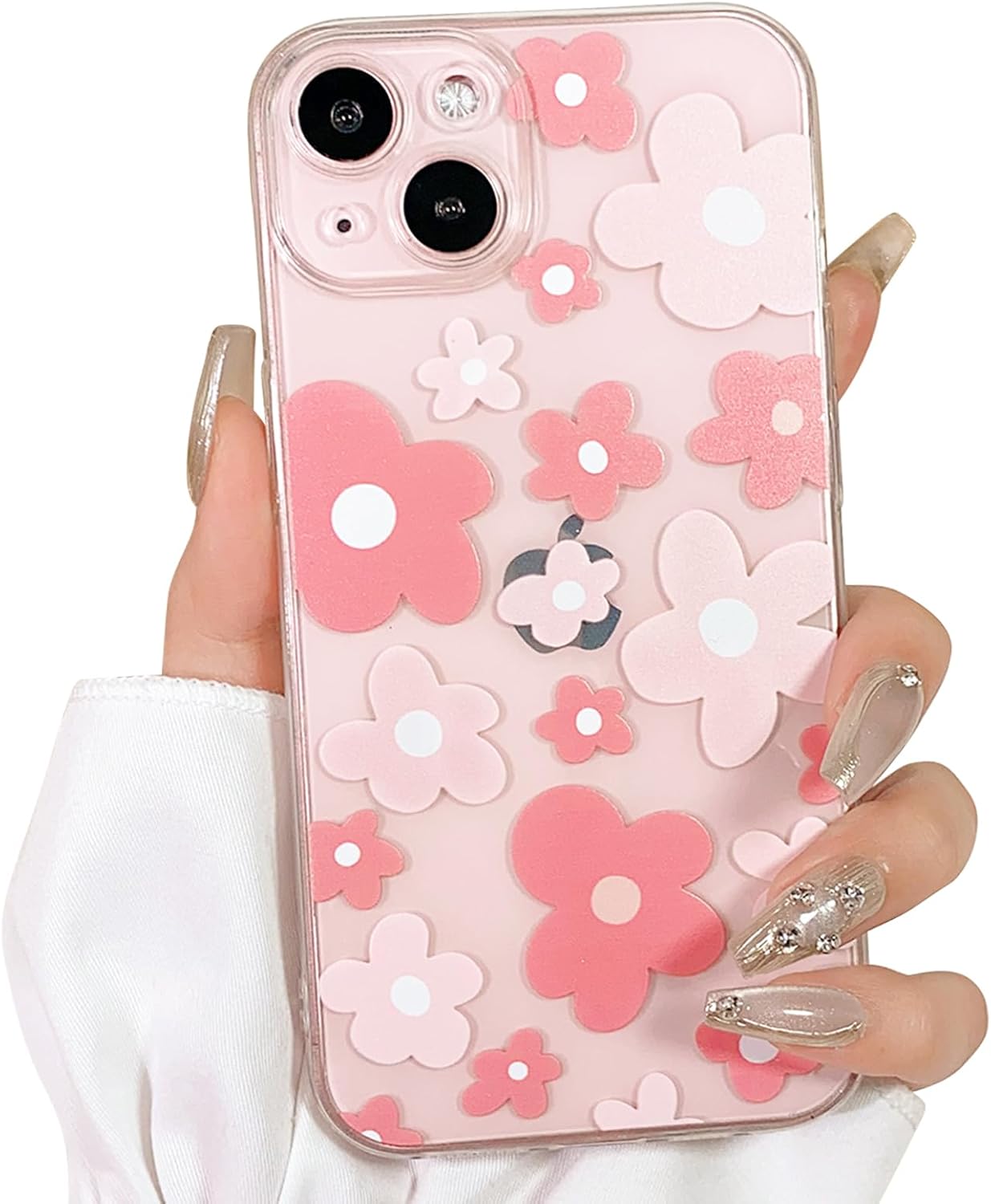 Compatible for iPhone 13 Case Cute Clear Flower Floral Color Design for Girls Women Soft TPU Shockproof Protective Girly for iPhone 13-Pink Flower