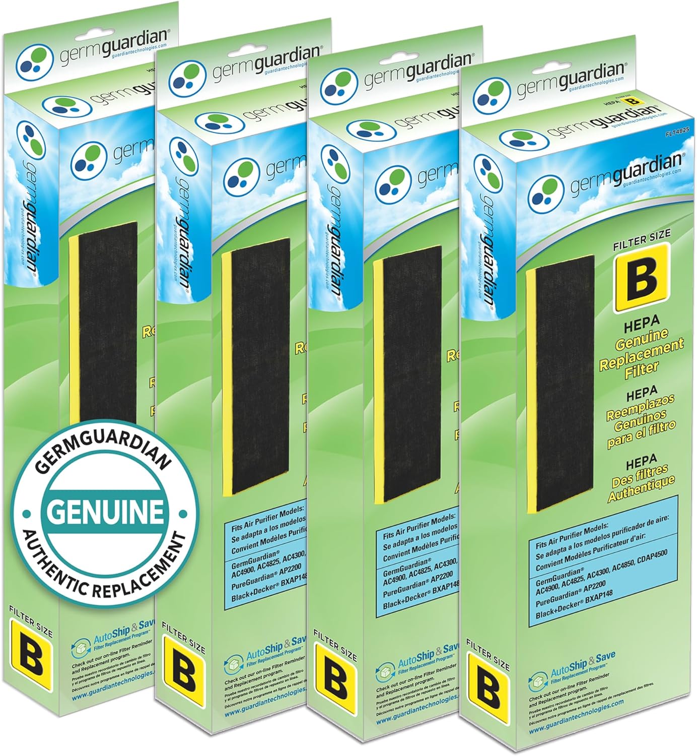 GermGuardian Filter B HEPA Pure Genuine Replacement Filter, Removes 99.97% of Pollutants for AC4825, AC4300, AC4900, AC4825DLX, AC4850, CDAP4500, AP2200, 4-Pack, Black/Yellow, FLT48254PK