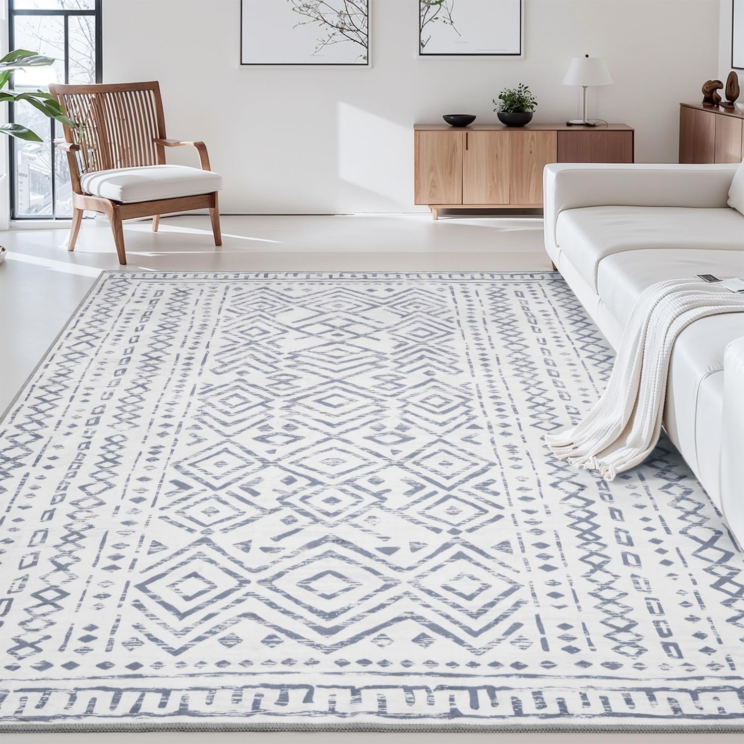 MontVoo-8x10 Area Rugs for Living Room-Soft Boho Machine Washable Rug-Moroccan Neutral Rug for Bedroom Non Slip Floor Carpet Indoor Rug for Dining Room Home Office Decor-Blue Rug