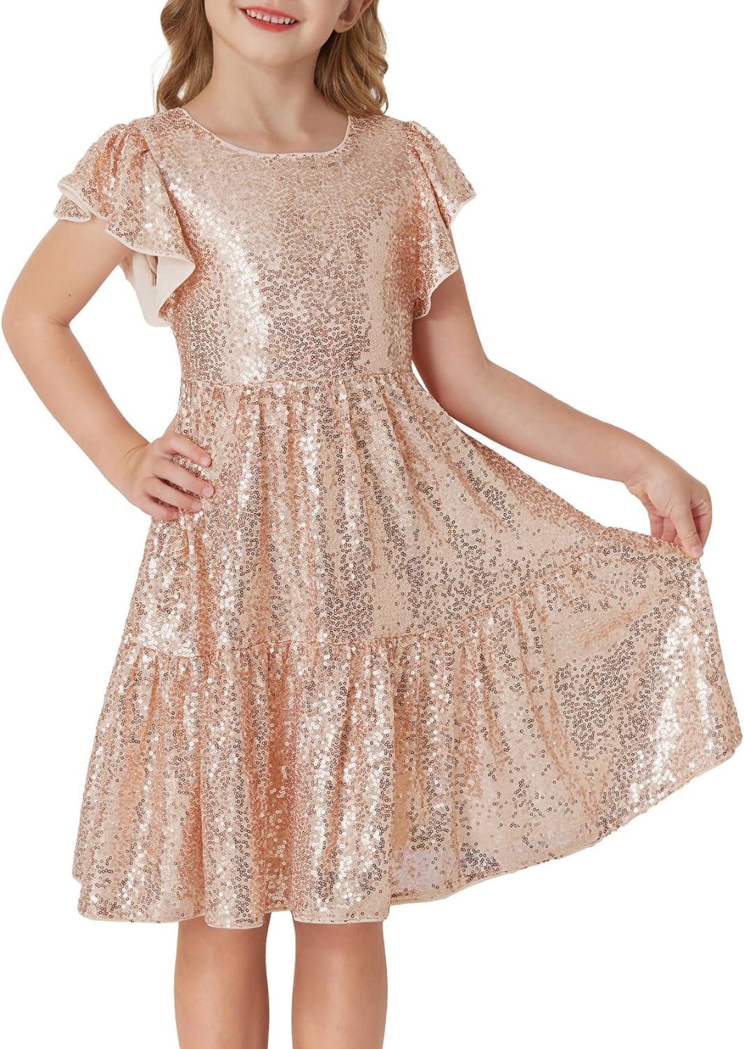 GRACE KARIN Girl Sequin Dress Ruffle Sleeve A-Line Holiday Party Dress 5-12Years