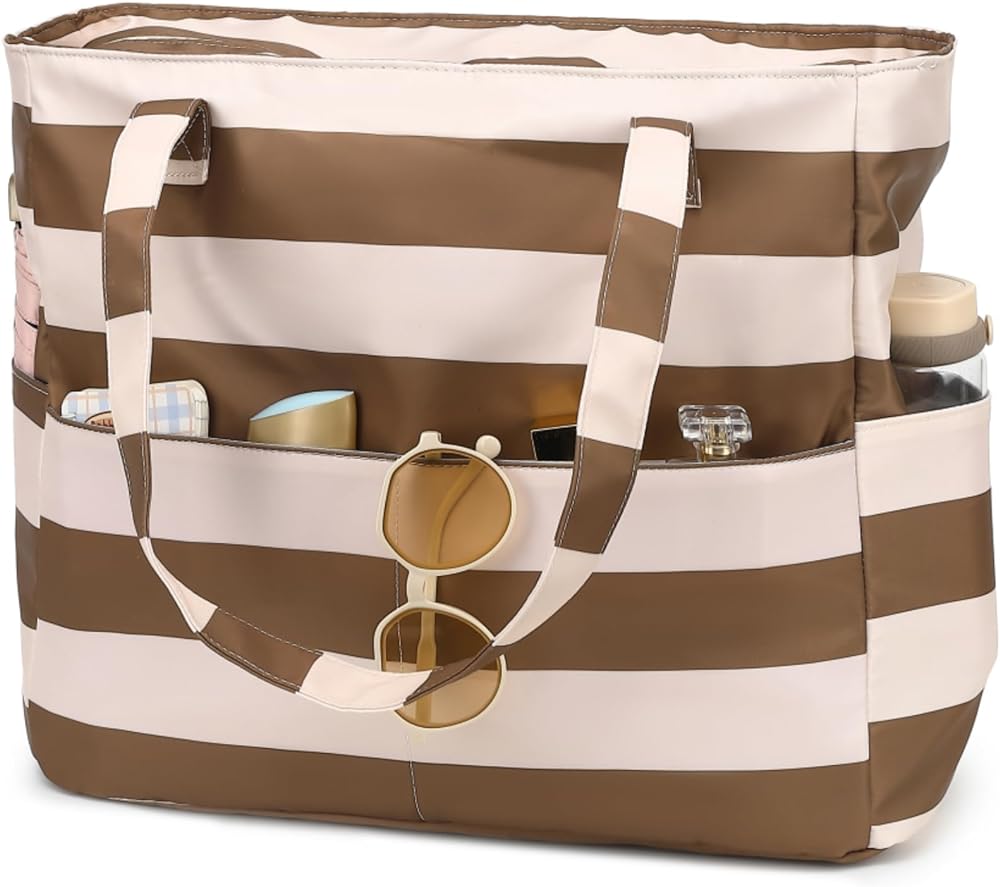 I bought this bag for a vacation on a cruise to the Bahamas and I am so glad I picked this one! It went daily to the pool and then to the beaches when we were docked. I could sit the bag on the sand and not worry about it getting dirty or wet. I was able to wipe any sand or dirt off the bottom and the outside is water resistant. My favorite thing about the bag are all of the pockets. There are pockets lined all the way around, as well as a secure waterproof pocket on the inside for money, phones and cards. This bag is large enough to carry items for 3 or 4 people. We had long walks from the dock to the beaches so it did get heavy, but I also have a habit of overpacking lol. We carried only that bag and just took turns carrying it. This bag can carry everything you could possibly need for a day at the beach and more. The price is great and the quality is better than I expected. Could also be used as a weekend bag or a diaper bag as well.