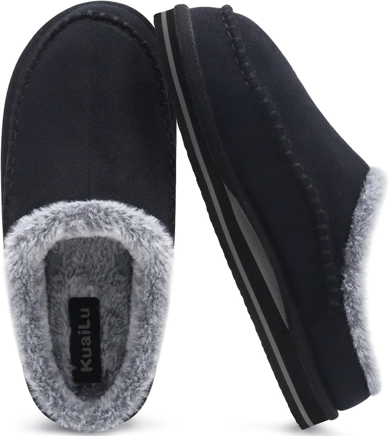 KuaiLu Mens Memory Foam Clog Slippers Comfy Handmade Stitch Microsuede Slip-on House Shoes With Arch Support Warm Faux Fur Lined Rubber Sole Indoor Outdoor