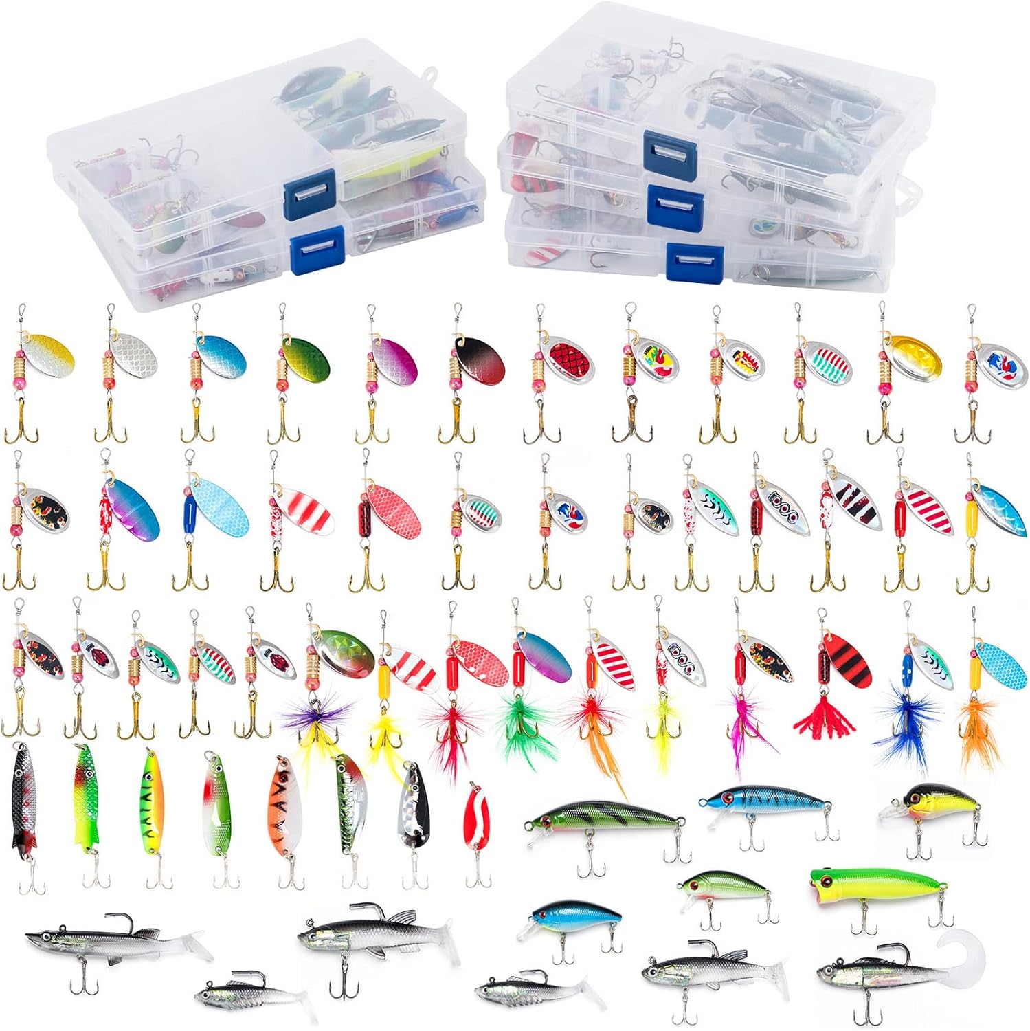 Dr.Fish 60 Pieces Fishing Lures Kit, 5 Tackle Box with Tackle Included, Fishing Spinner Lure Set Rooster Tail Lures Kits Trout Lures Freshwater Crappie Bass Walleye Bait Assorted