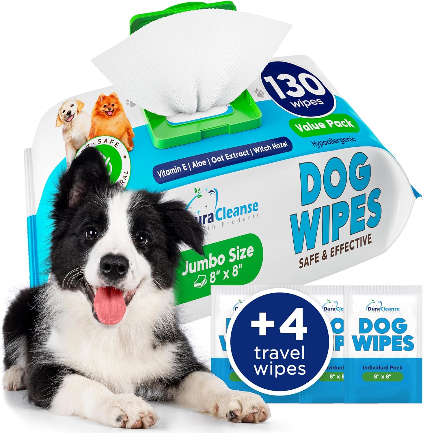 Dog Wipes for Paws and Butt - 130 Count   4 Travel Puppy Wipes - 8" x 8" Large Dog Grooming Bath Wipes | Hypoallergenic Dog Face Wipes, Extra Thick Cleaning Deodorizing Pet Wipes for Dogs, Cats, Pets