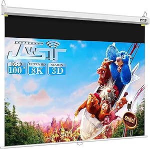 Projector Screen Pull Down, JWSIT 100 inch Manual Pull Down Projector Screen-Upgraded 3 Layers PVC 16:9 Auto-Locking Retractable Projector Screen for Movie Home Theater Cinema Office Video Game