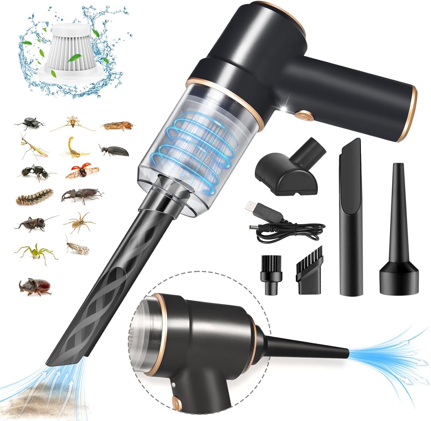 Bug Vacuum Catcher, Spider and Insect Catcher Traps, Rechargeable Bug Catcher Grabber with Brush Head & Charging Cable & Multifunctional Suction Nozzle for Stink Bug Moth Cockroach Spider Ant Black