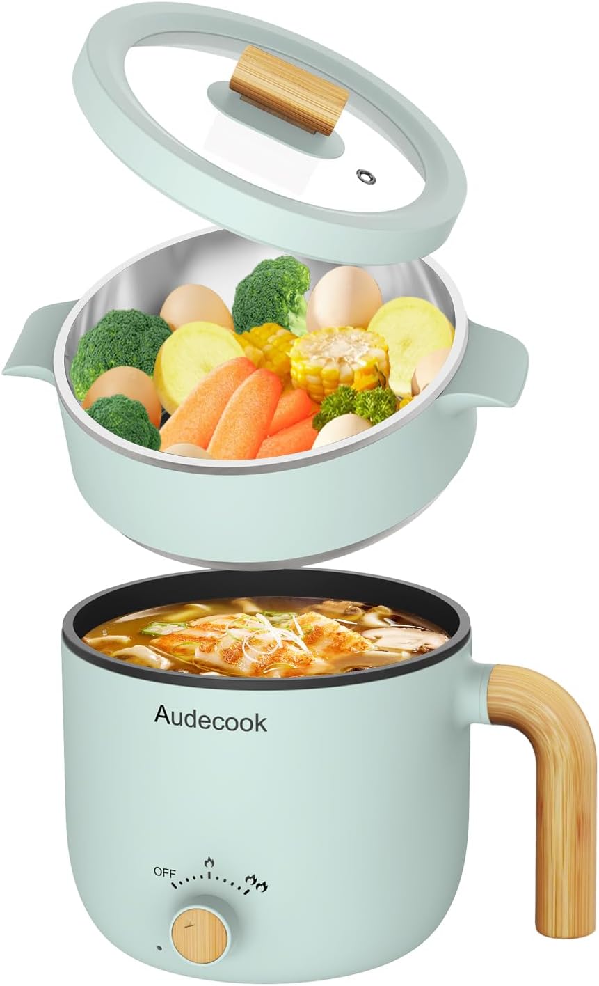 Audecook Hot Pot Electric with Steamer, 1.5L Portable Nonstick Mini Multicooker, Travel Electric Skillet with Dual Power Control for Pasta/Soup/Steak/Egg/Oatmeal (Green)