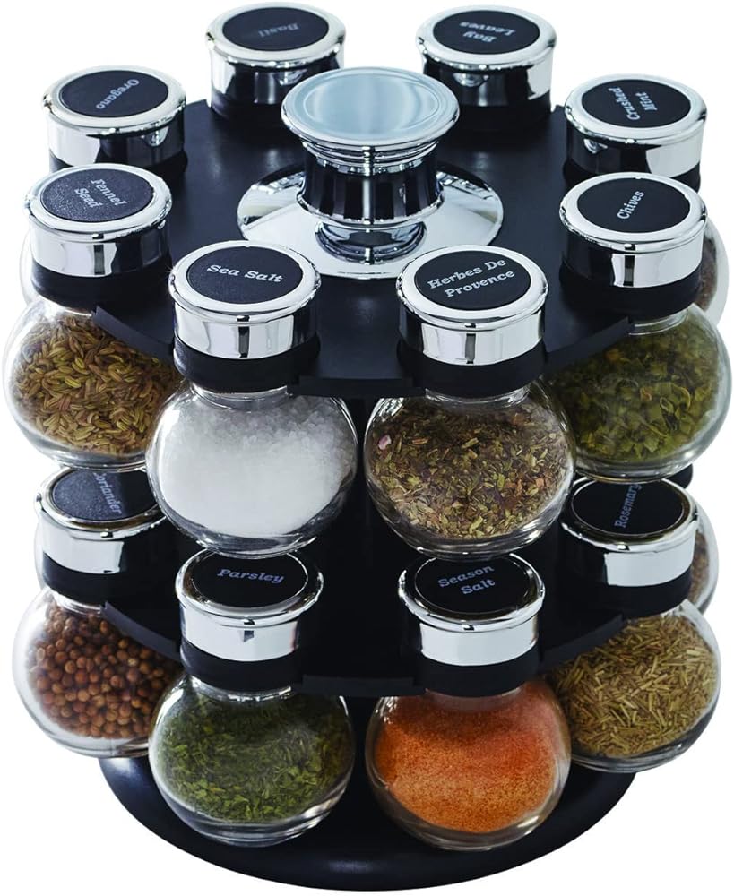 Durability is a key feature. The jars are made of high-quality glass, ensuring that the flavors of the spices remain intact while also withstanding the rigors of daily use. The lids seal tightly, preserving the freshness of the spices and preventing any moisture or air from compromising their quality.Organization is a breeze with the included pre-labeled spice caps. No more rummaging through cabinets or drawers to find the right spice  everything is neatly organized and within arm's reach. The labels are a thoughtful touch that adds a level of convenience to my cooking routine.The revolving mechanism operates smoothly and effortlessly, making it easy to access any spice jar with a quick turn. This feature not only enhances accessibility but also adds a touch of fun to the cooking process.In conclusion, the Kamenstein 16 Jar Ellington Revolving Countertop Spice Rack is a culinary gem. It combines style, functionality, and durability to elevate your kitchen experience. If you're passionate about cooking and appreciate a well-organized kitchen, this spice rack is a must-have. It's more than just a storage solution; it's a culinary companion that adds flair to your kitchen adventures. Highly recommended!