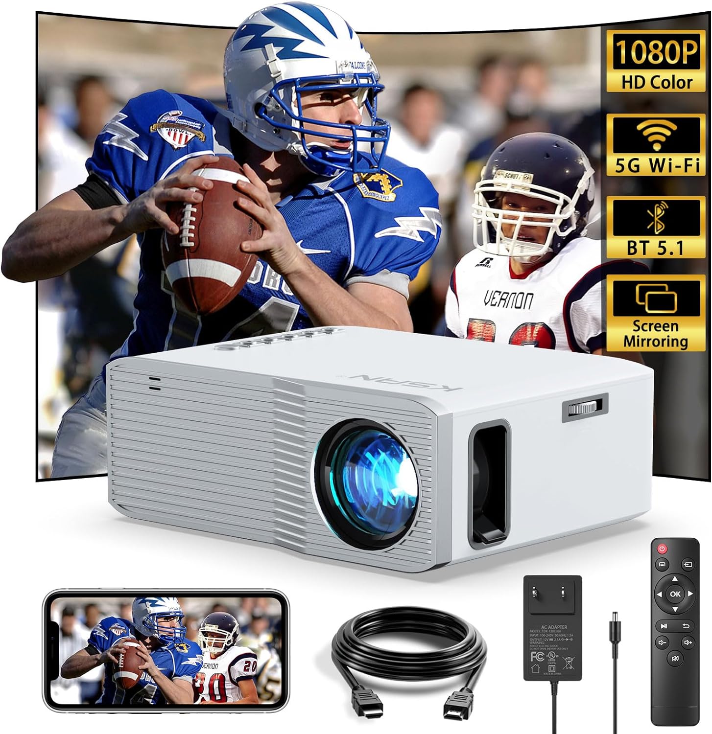 KSAN Mini Projector, 4K Supported Portable Projector, Movie Projector for Outdoor Home Theater, 5G Wifi Screen Mirroring for Smartphone, BT 5.1, Compatible with Tablet TV Box PS5 Roku etc