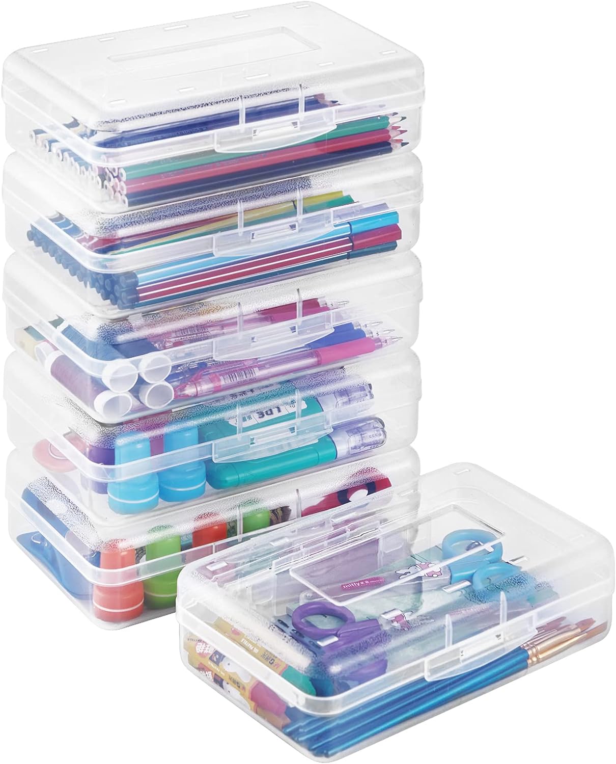 Sooez 6 Pack Clear Pencil Box, Plastic Large Capacity with Snap-tight Lid, Office Supplies Storage Organizer Stackable Design and Stylish
