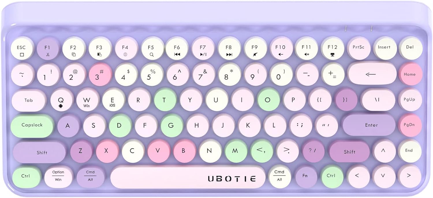 UBOTIE Portable Bluetooth Colorful Computer Keyboards, Wireless Mini Compact Retro Typewriter Flexible 84Keys Design Keyboard (Purple-Colorful)