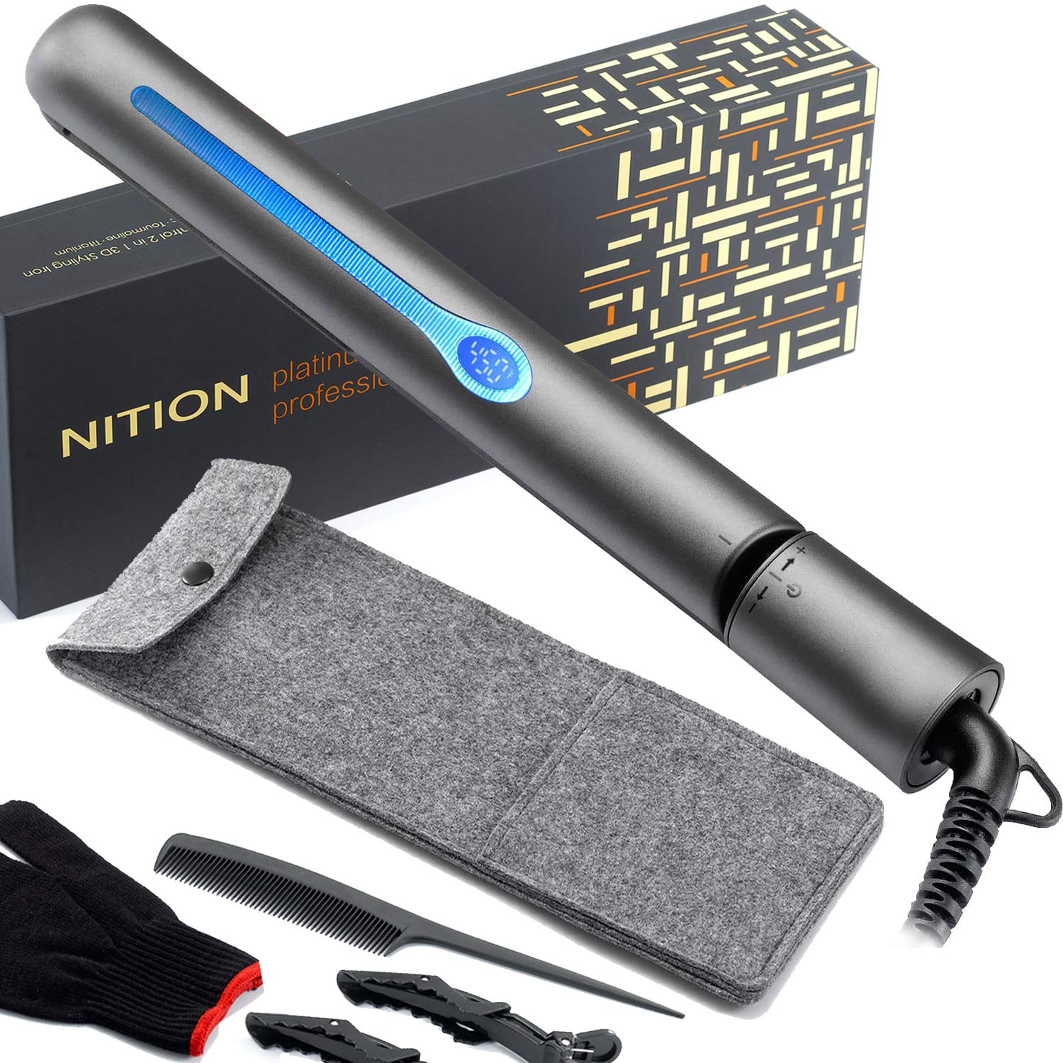 NITION Ceramic Tourmaline Flat Iron for Hair LCD Hair Straightener MCH Fast Straightening for Healthy Styling. 265-450°F Adjustable. 2-in-1 Curling Iron for All Hair Type,1 inch Heating Plate,Black