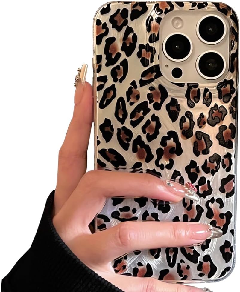 for iPhone 15 Pro Max Case Cute Bling Brown Leopard Print Twinkle Glitter Y2K Kawaii Lovely Girly Aesthetic Personalized Design for Women Girls Teens TPU Case, 6.7, Silver White