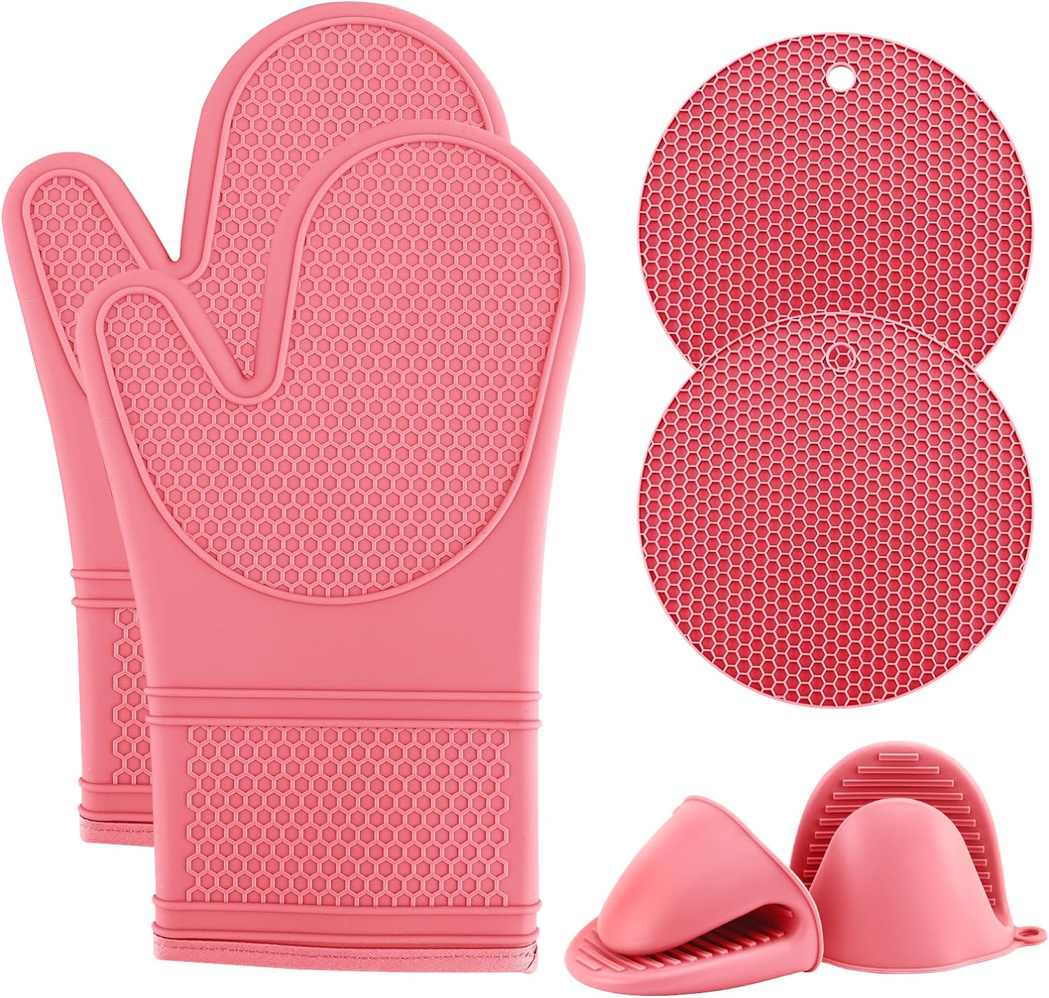 COOK WITH COLOR Silicone Oven Mitt Set- 6 PC. Set - Heat Resistant Gloves with Soft Quilted Lining Set of 2 Oven Mitt Pot Holders, 2 Silicone Trivets, 2 Fingertip Mitss for Cooking and BBQ (Pink)