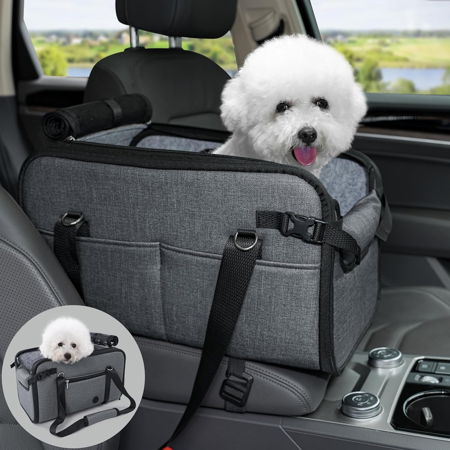 Pet Dog Car Seat for Small Dog Large Center Console Dog Car Seat for Puppy Cat Dog Travel Protable Booster Seat Anti-Slip Dog Car Bed Carseat PU Leather 0-22 lbs Gray