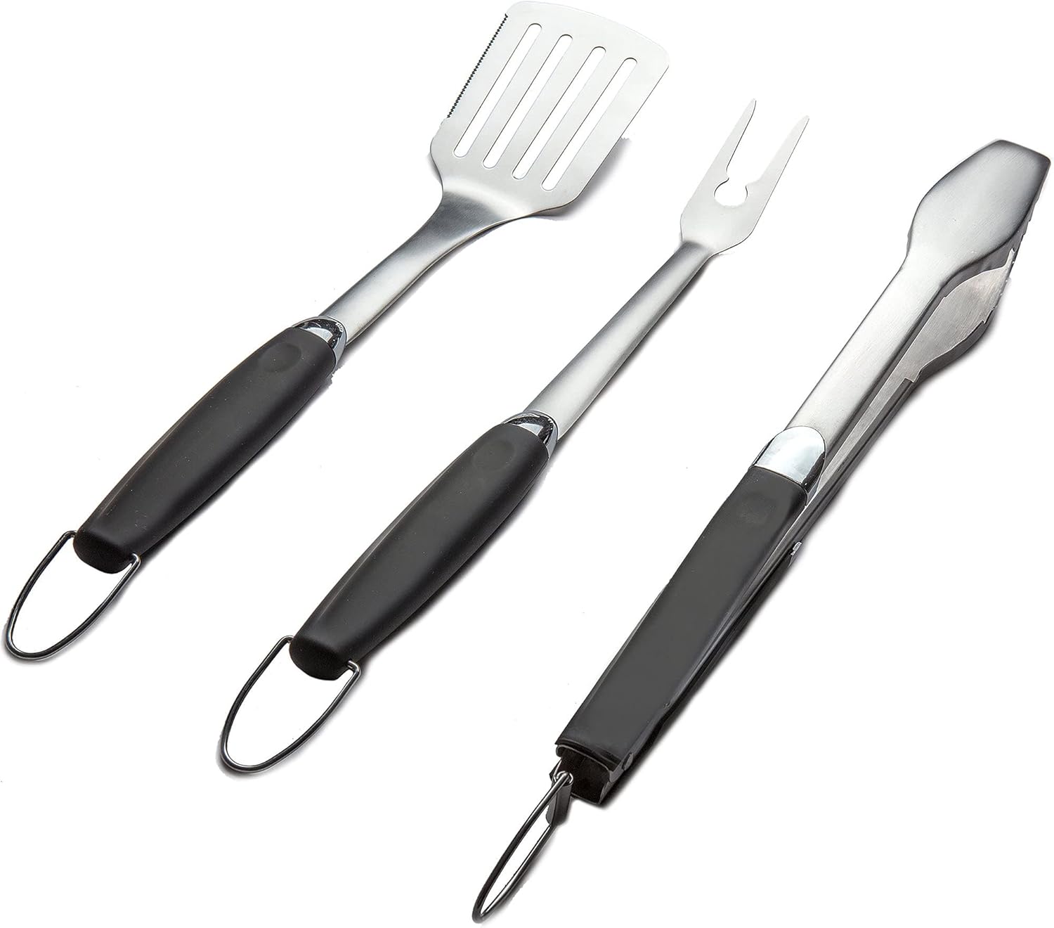 3 Piece Stainless Steel BBQ Grill Tool Set w/Tongs, Spatula & Fork - Accessories for Outdoor Barbecue Grills (3 Piece Set)