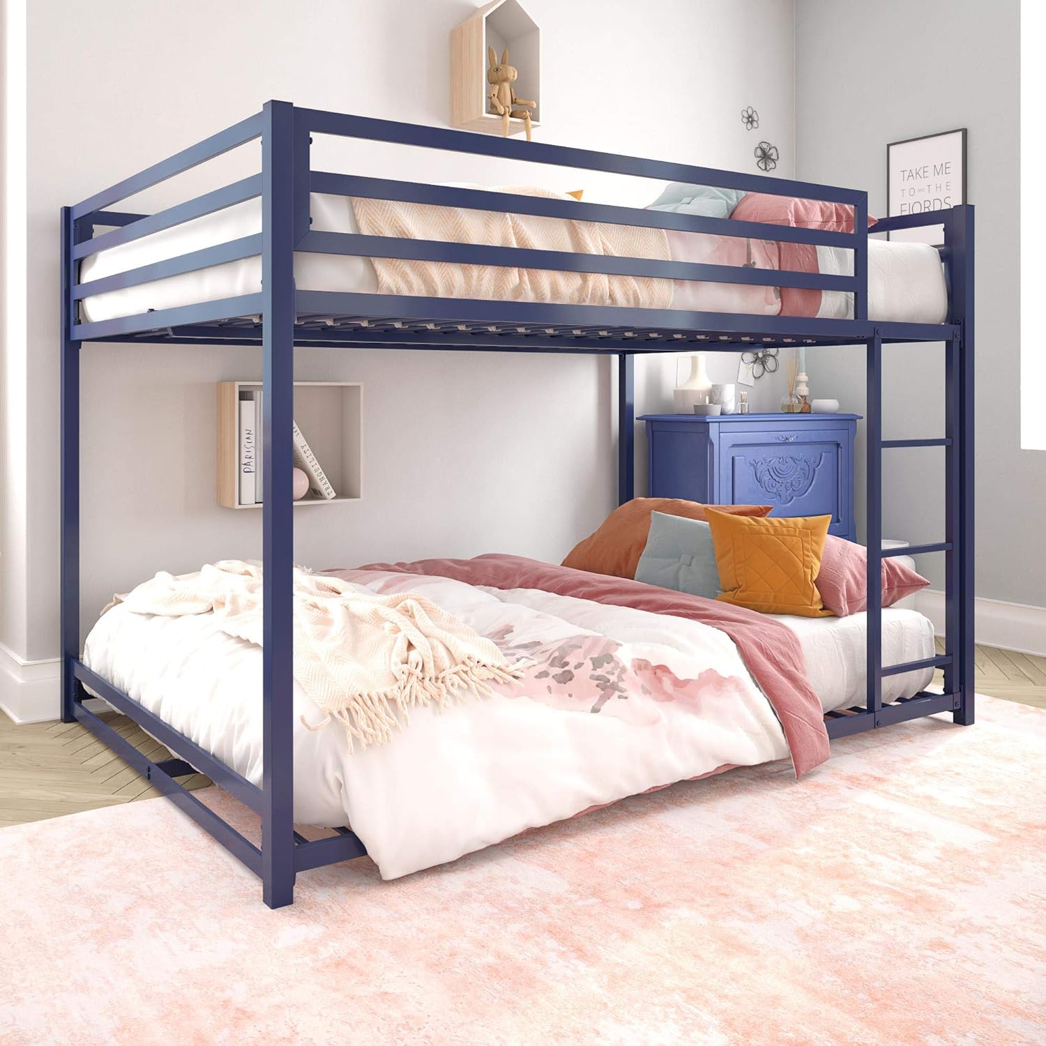 DHP Miles Low Metal Bunk Bed Frame for Kids, With Built-in Ladder, High Guardrail and Metal Slats, Floor Bed Bottom Bunk, No Boxspring Required, For Small Spaces, Full-Over-Full, Blue