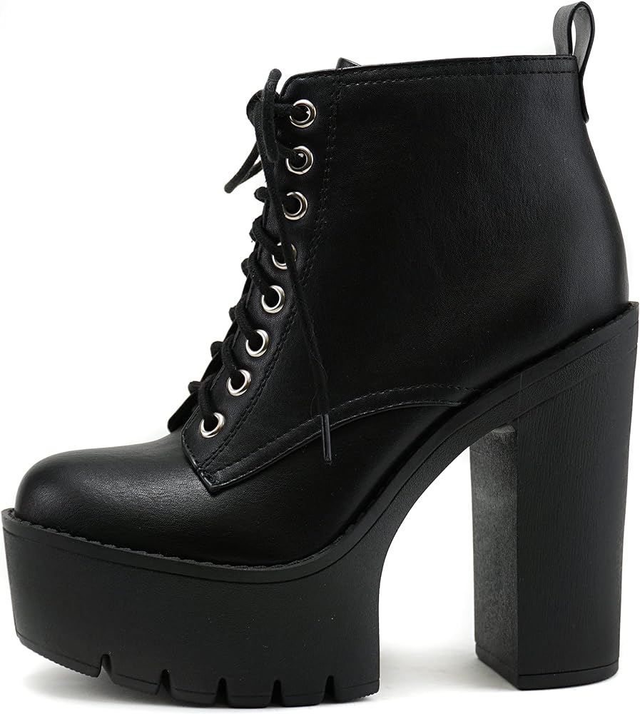 Soda SETUP ~ Women Super Chunky High Block Heel Lace-up Fashion Ankle Boot w/Side Zipper