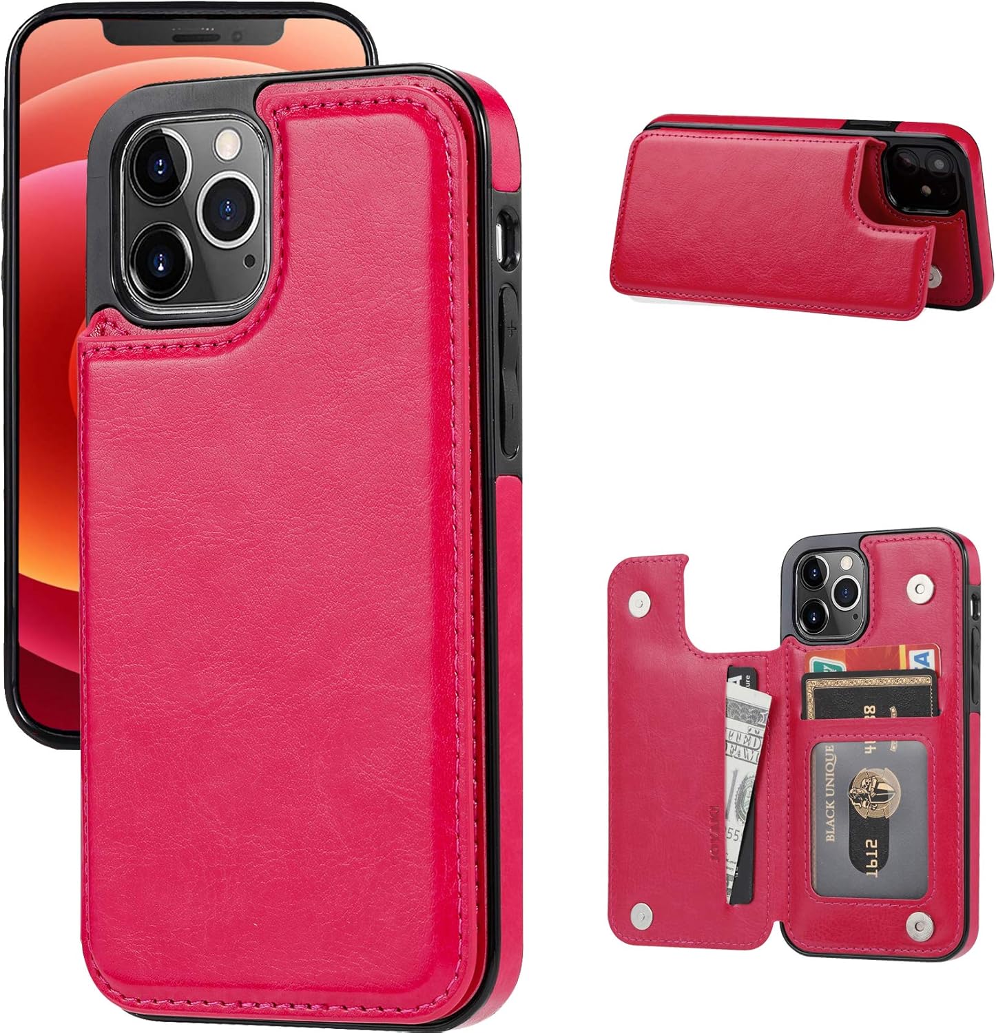 Wallet Case Compatible with iPhone 12 Pro/12,Slim Protective case with Card Holder,Premium PU Leather Card Slots Case with a Screen Protective Glass for iPhone 12pro/12(6.1)-Rose Red