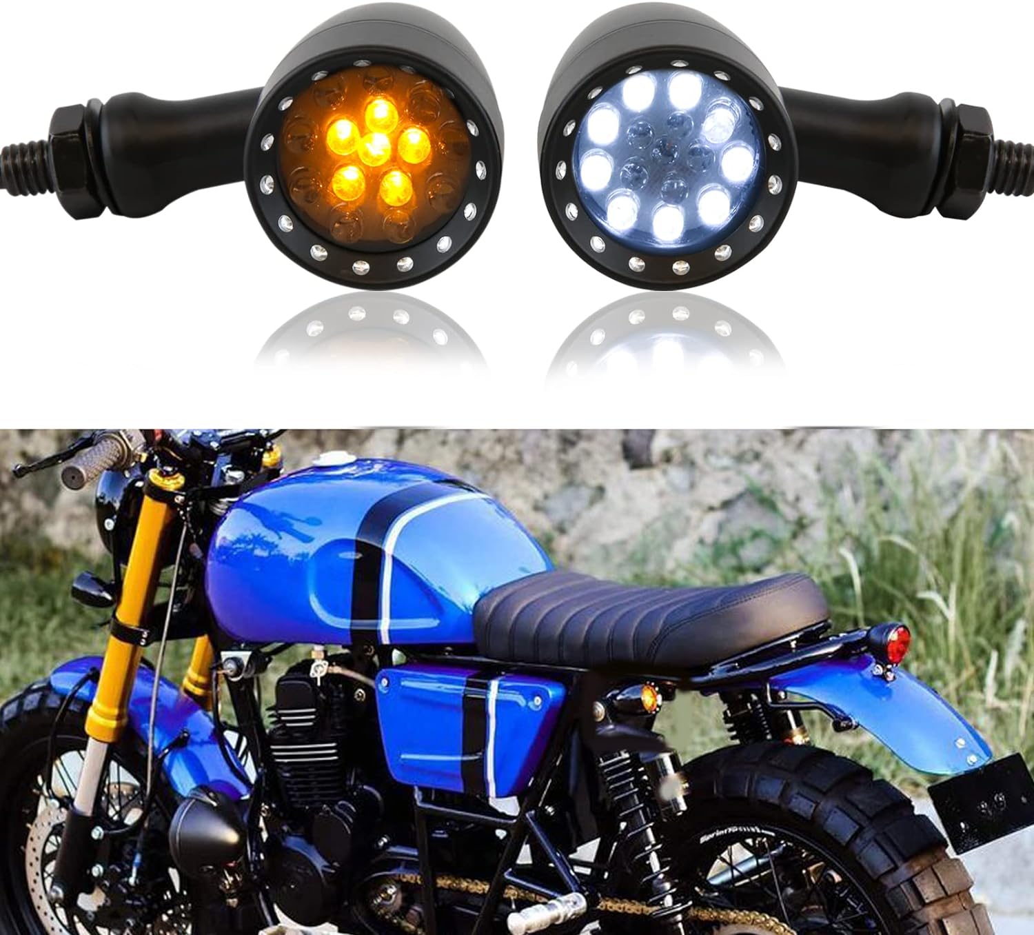 2pcs Black 15 LED Motorcycle Stop Brake Running Turn Signal Indicator Amber Lights Compatible with Street Bike Chopper dirt bike scooter Cafe Racer (Black-Amber&White)