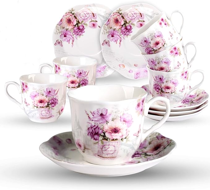 GuangYang China Tea Cups and Saucers Set of 6-7ounce/200ml - Tea Gift Sets for Adults - Purple Floral Porcelain TeaCup with Saucer for Tea Party(Total 12 Pieces)