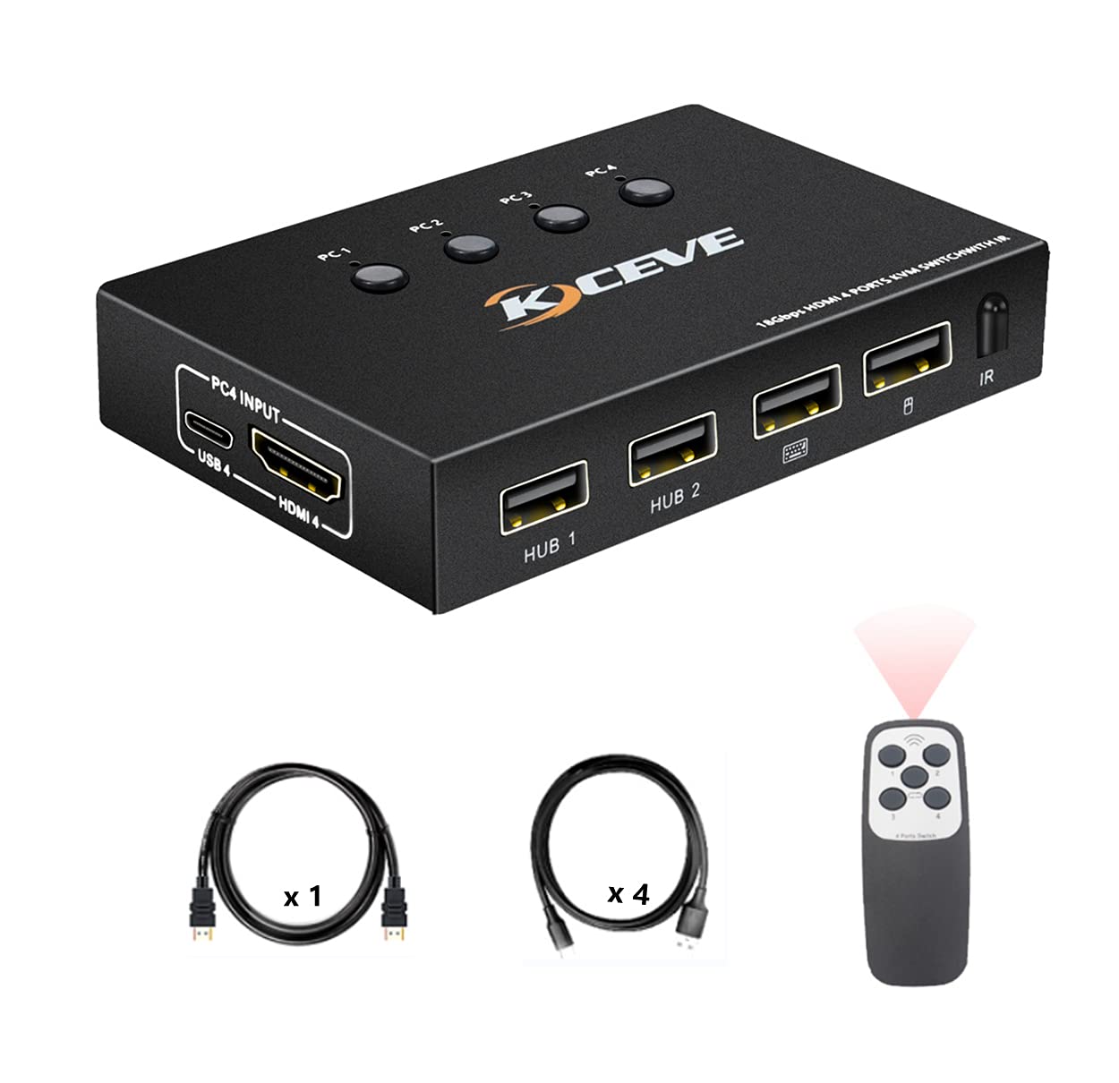 KVM Switch HDMI 4 Port, UHD 4K@60Hz, 4 USB Hub, for 4 Computers Share Keyboard Mouse and one HD Monitor, with 4 USB Cables and IR Remote Control