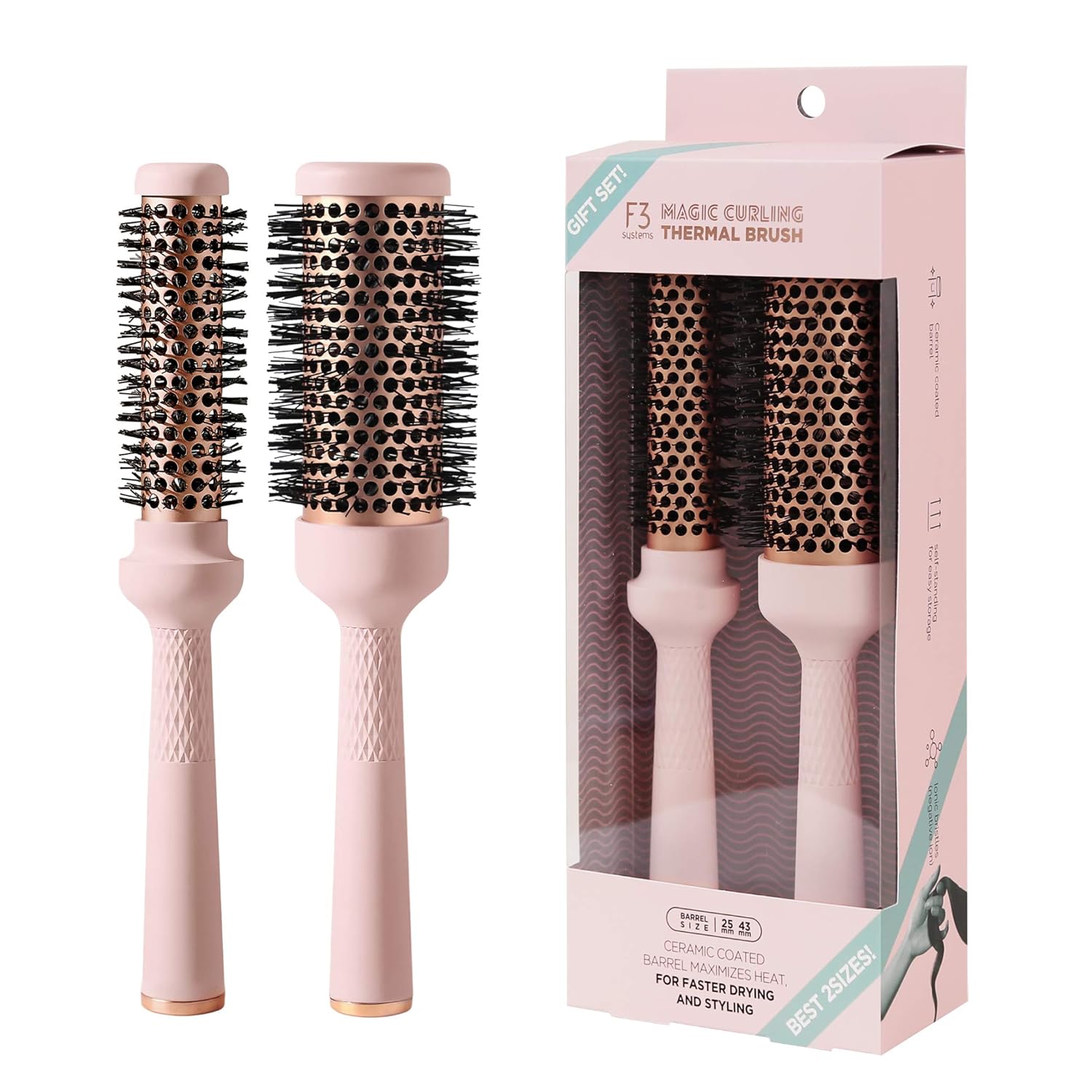 Magic Curling Thermal Brush Set (1&1.7Inches), Cut Drying Time, Self-Standing Round Brush, Great Blowout,Ceramic Coated Barrel,Quick Styling,Blowout Volume,Ionic Thermal Barrel, Wave Styler