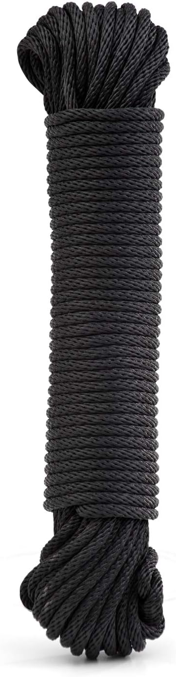 Rope Ratchet 1/8, 50 ft Solid Braided Polypropylene Rope, Heavy Duty, All Purpose, Utility Cord Tie Down Rope for Camping, Tie, Pull, and Knot, Indoor and Outdoor Use - Black