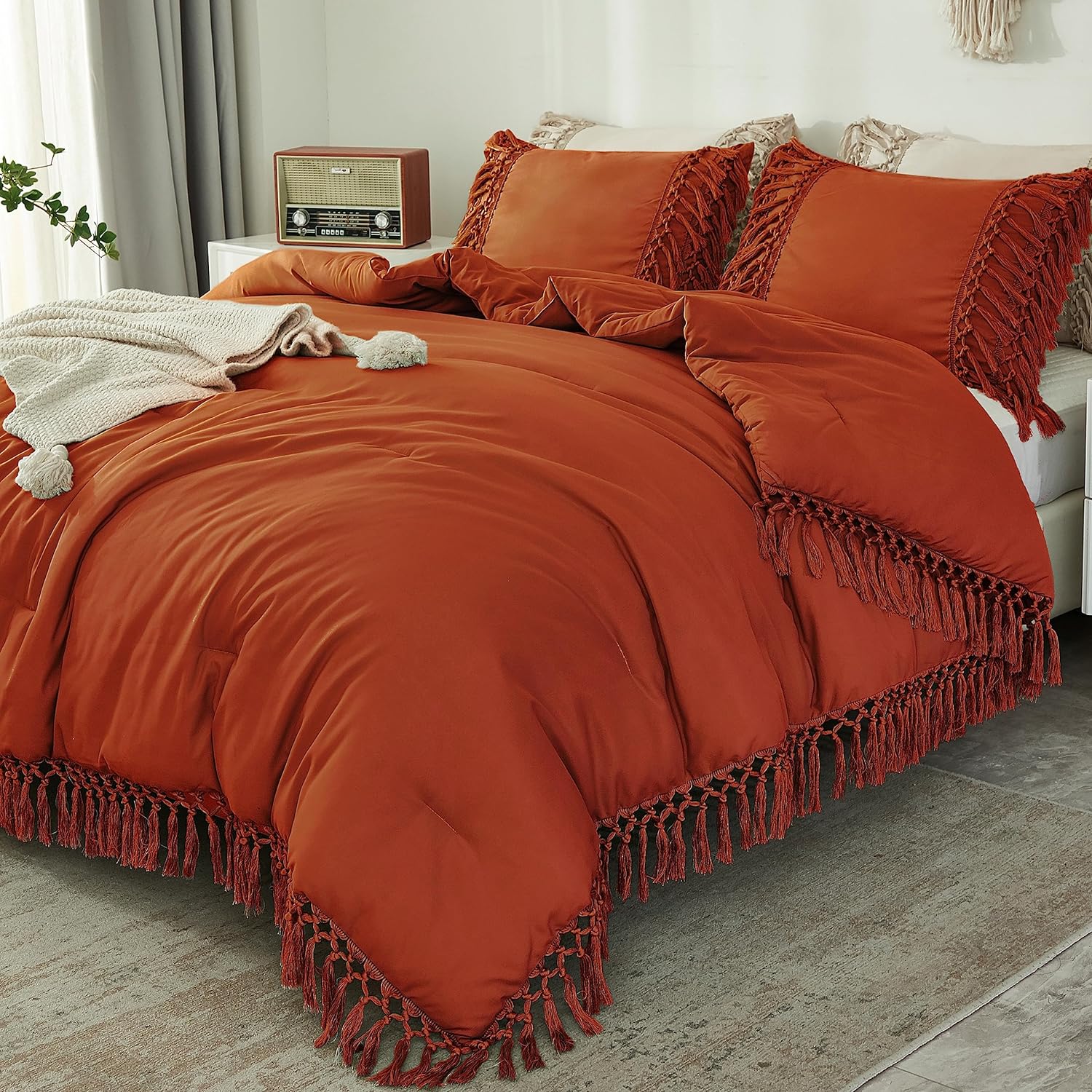 Andency Queen Comforter Set Burnt Orange, 3 Pieces Boho Terracotta Lightweight Fall Bedding Comforter Sets, Tassel Rust Bed Set (90x90In Comforter & 2 Pillowcases)