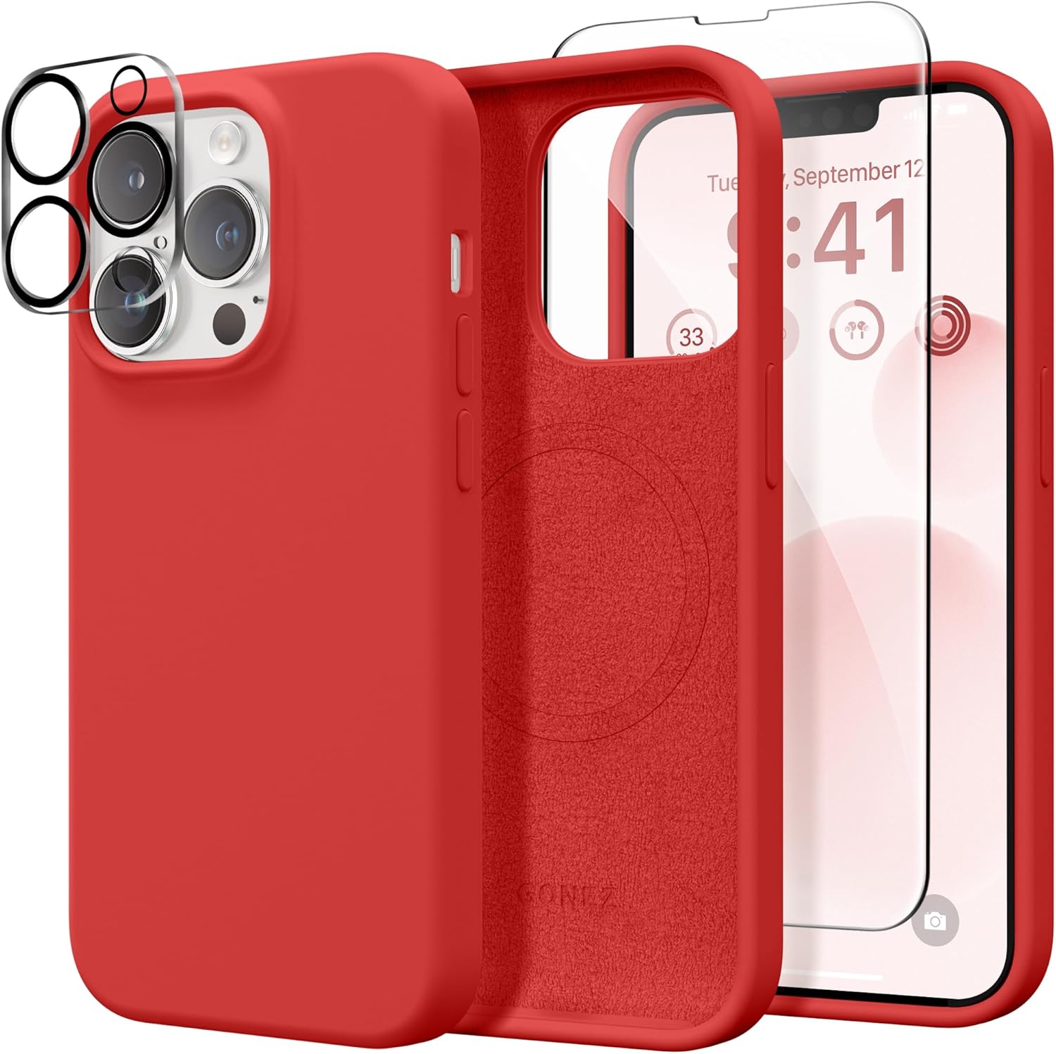 Magnetic Silicone for iPhone 13 Pro Max Case, [Compatible with Magsafe] [2X Screen Protector + 2X Camera Lens Protector], Slim Shockproof Protective Microfiber Lining Phone Cover 6.7, Red