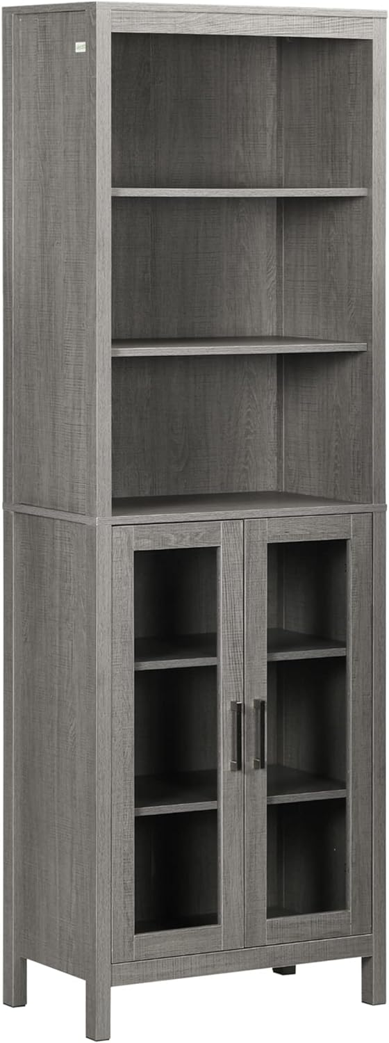 kleankin Tall Bathroom Storage Cabinet with 3 Tier Shelf, Glass Door Cabinet, Freestanding Linen Tower with Adjustable Shelves, Grey Wood Grain