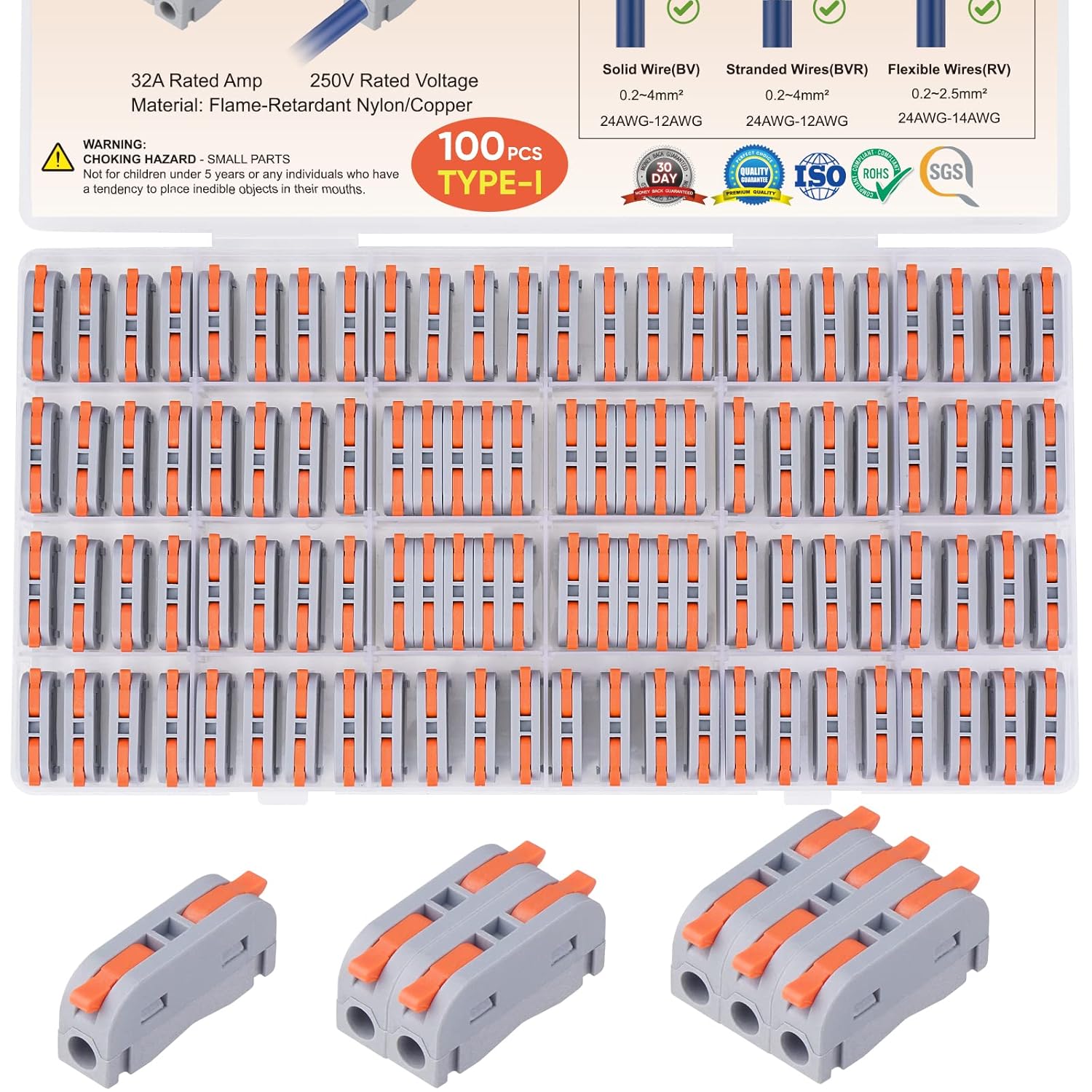 TICONN 100 Pcs Lever Wire Connectors Kit for 24-12 AWG for Solid and Stranded Wires, Compact Fire Retardant Quick Disconnect Wire Connectors (Type I, 100 Pcs)