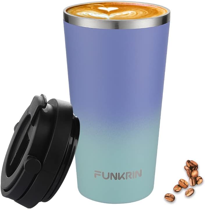 Funkrin Insulated Coffee Mug with Ceramic Coating, 16oz Iced Coffee Tumbler Cup with Flip Lid and Handle, Double Wall Vacuum Leak-Proof Thermos Mug for Travel Office School Party Camping