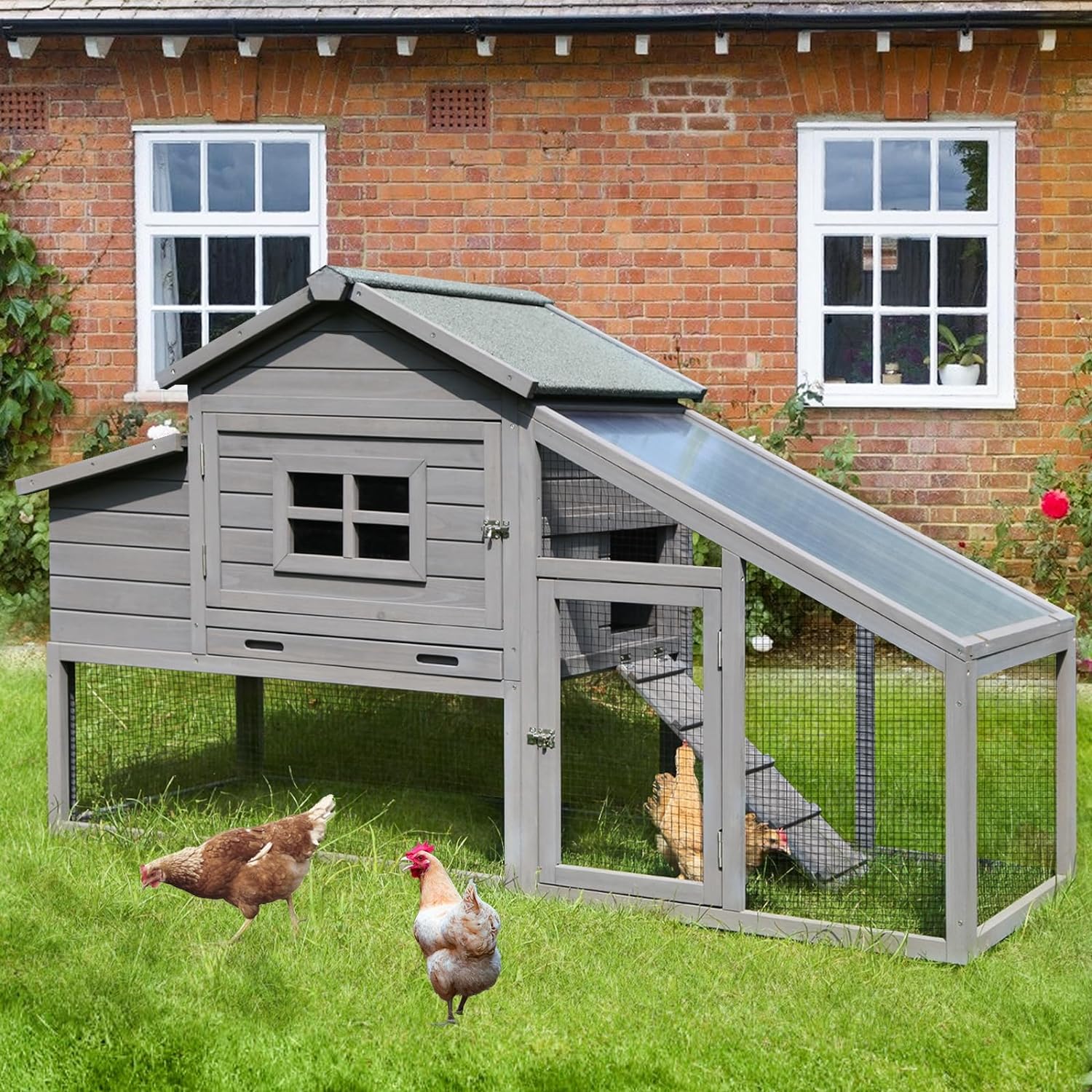 GUTINNEEN Chicken Coop Mobile Hen House Wooden with Run Poultry Cage with Nesting Box,Movable