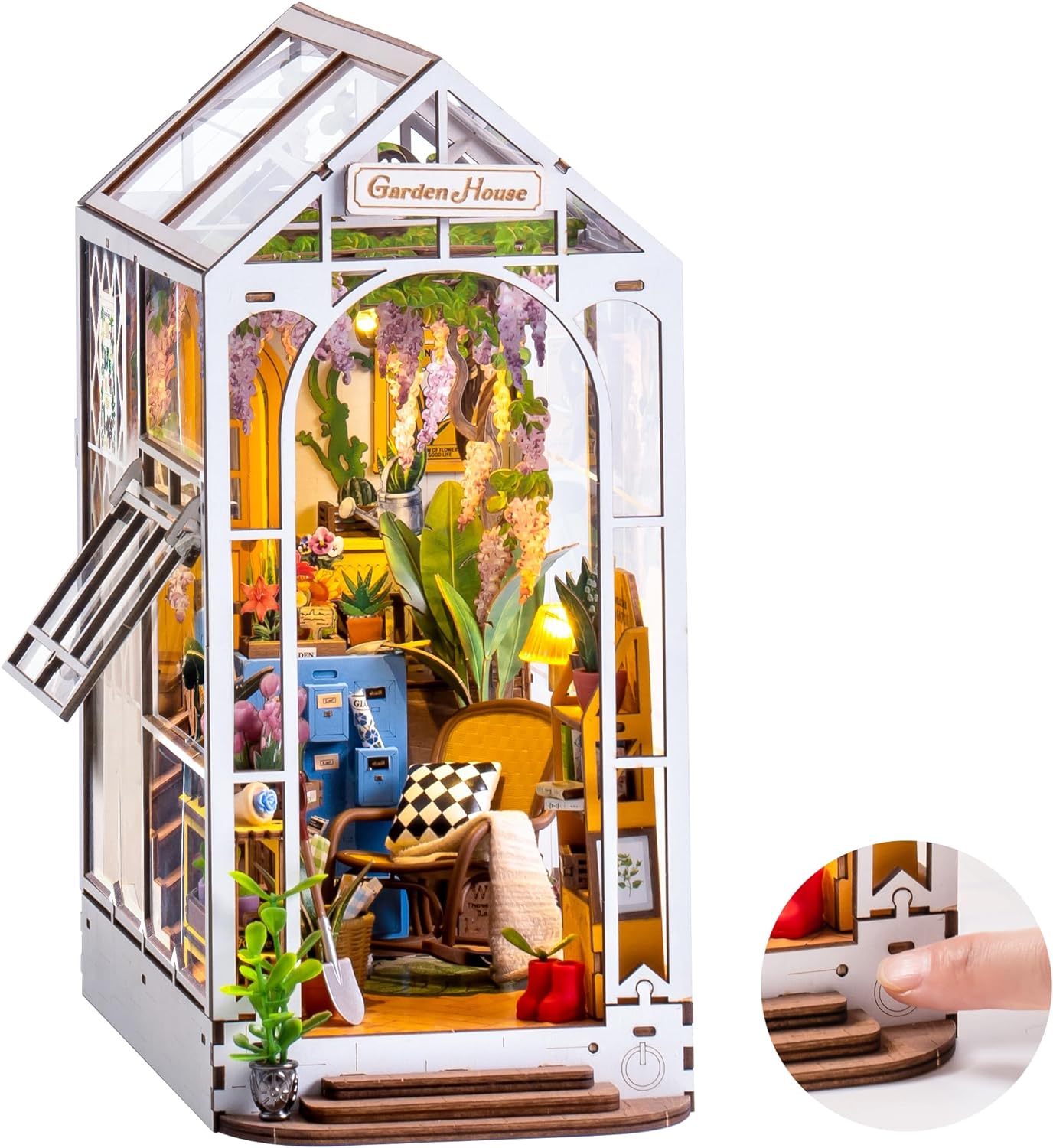 ROBOTIME Book Nook Kit DIY Miniature House with LED Light Booknook Bookshelf Insert Decor Wooden Bookend Craft Hobby Diorama Kit Unique Gifts (Garden House)