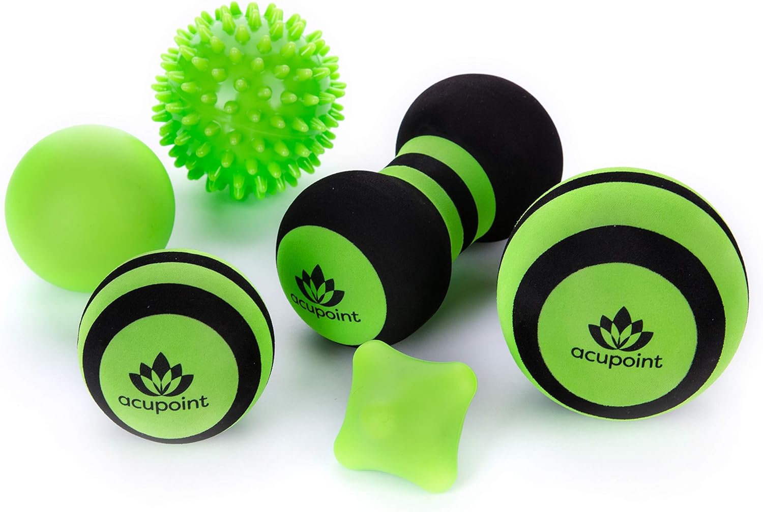 Acupoint Massage Ball Set 6 Physical Therapy Balls for Post Workout Deep Tissue Trigger Point Myofascial Release Lacrosse Ball Peanut Ball Spiky Ball Hand Therapy Ball Lg & Sm Foam Balls (Green)