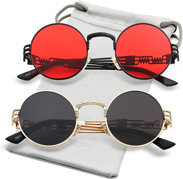 AIEYEZO Round Steampunk Sunglasses Circle Lennon Hippie Glasses Metal Frame 100% UV Blocking Lens