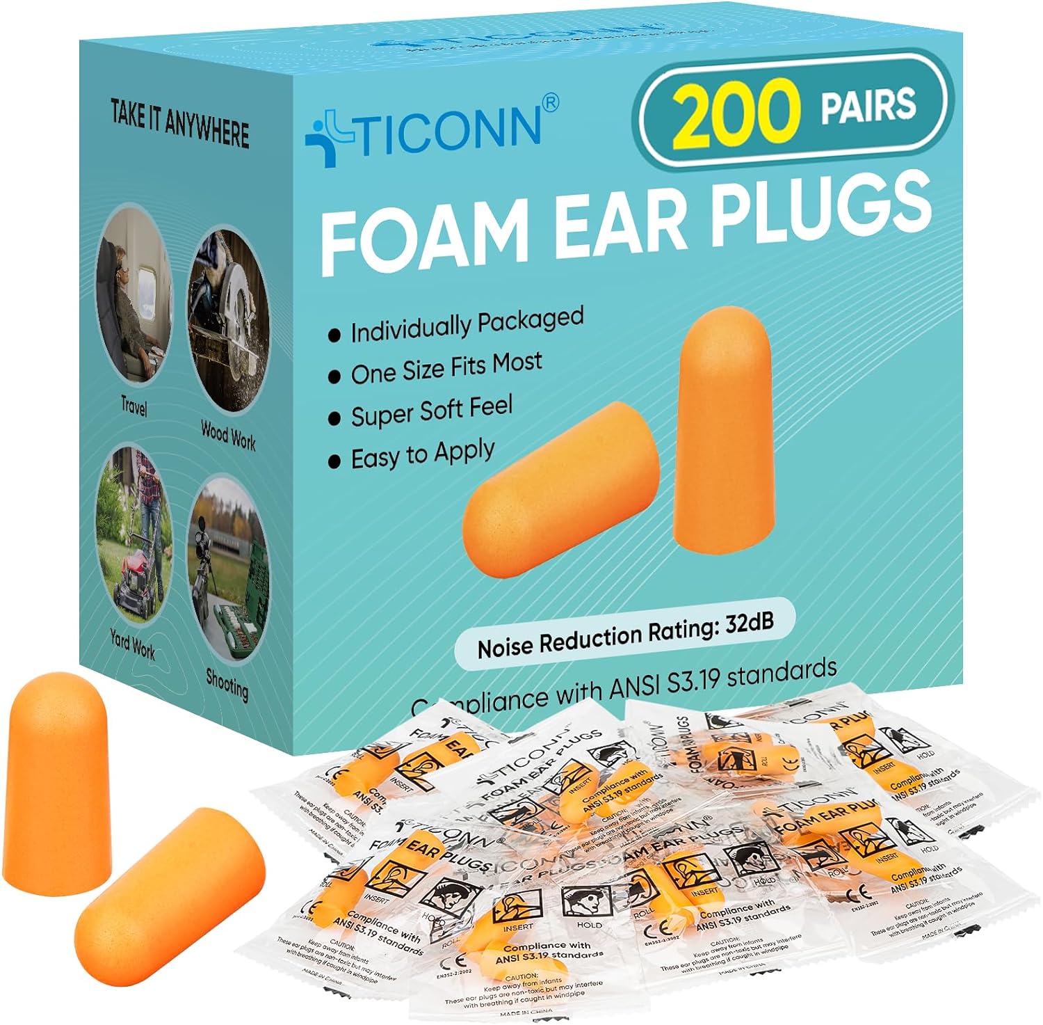 TICONN 200 Pairs Ear Plugs, 32dB Noise Reduction Earplugs for Sleeping Hearing Protection Travel Study Concentration Construction Site (200 Pairs)