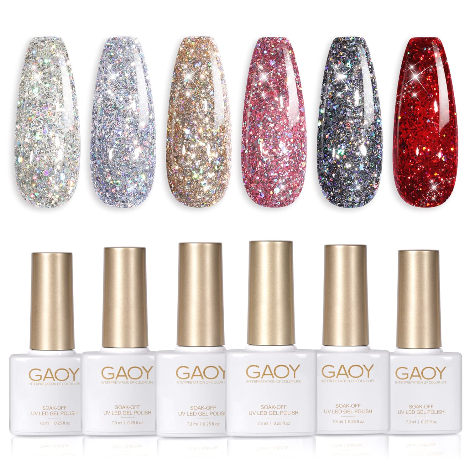 GAOY Glitter Ruby Nail Polish Set of 6 Colors Including Sparkly Shiny Red Black Pink Gel Polish Kit UV LED Soak Off Nail Polish Home DIY Manicure Nail Salon Varnish